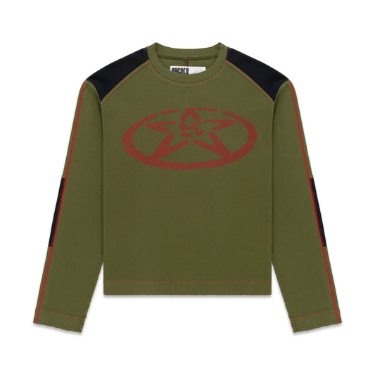 Olive green SERVICE LONGSLEEVE with red star graphic, black shoulder panels, and red contrast stitching.