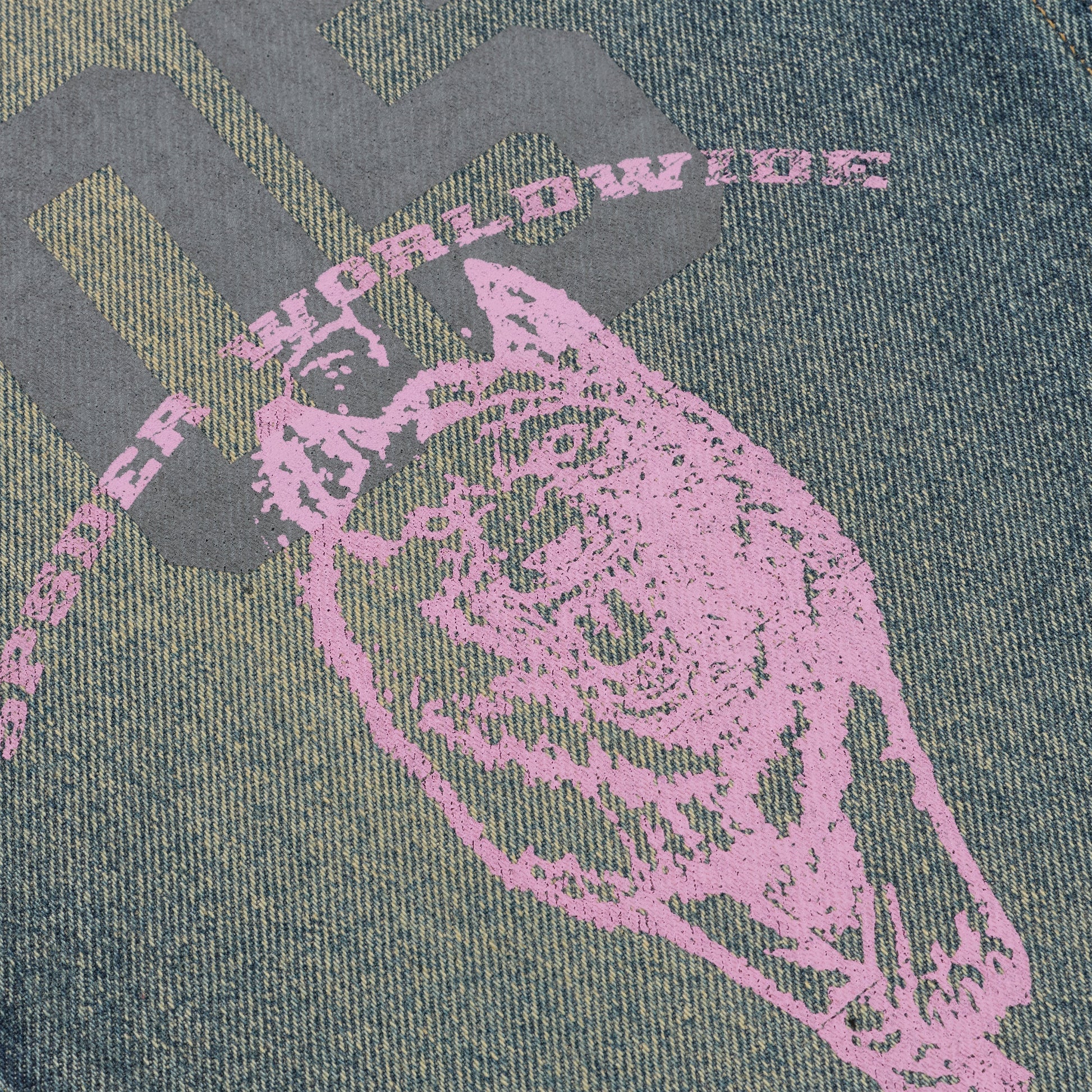 Washed blue denim jeans with a large pink graphic print and gray "WORLDWIDE" text.