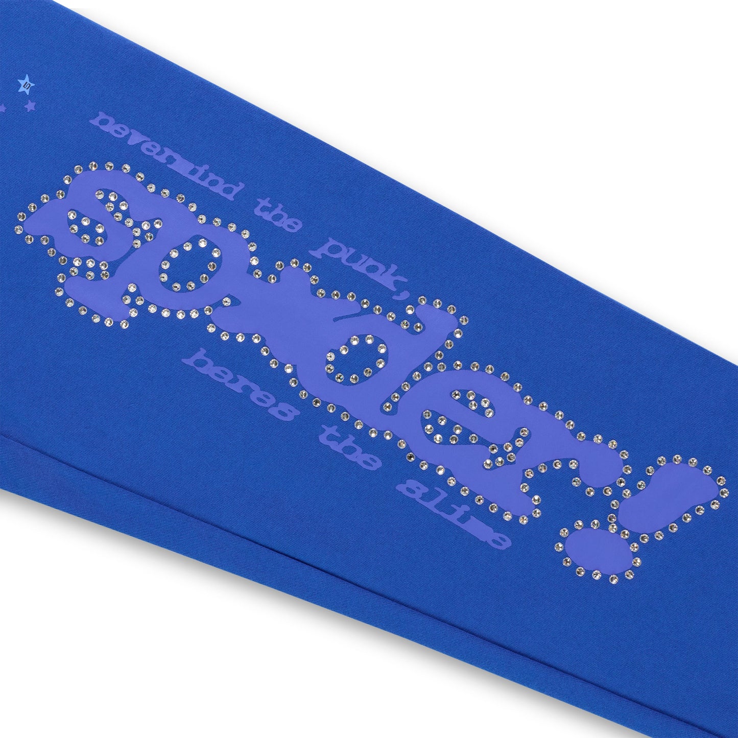 Blue RHINESTONE PUNK V2 SWEATPANT with "nevermind the punk, heres the slime" text and rhinestone accents.