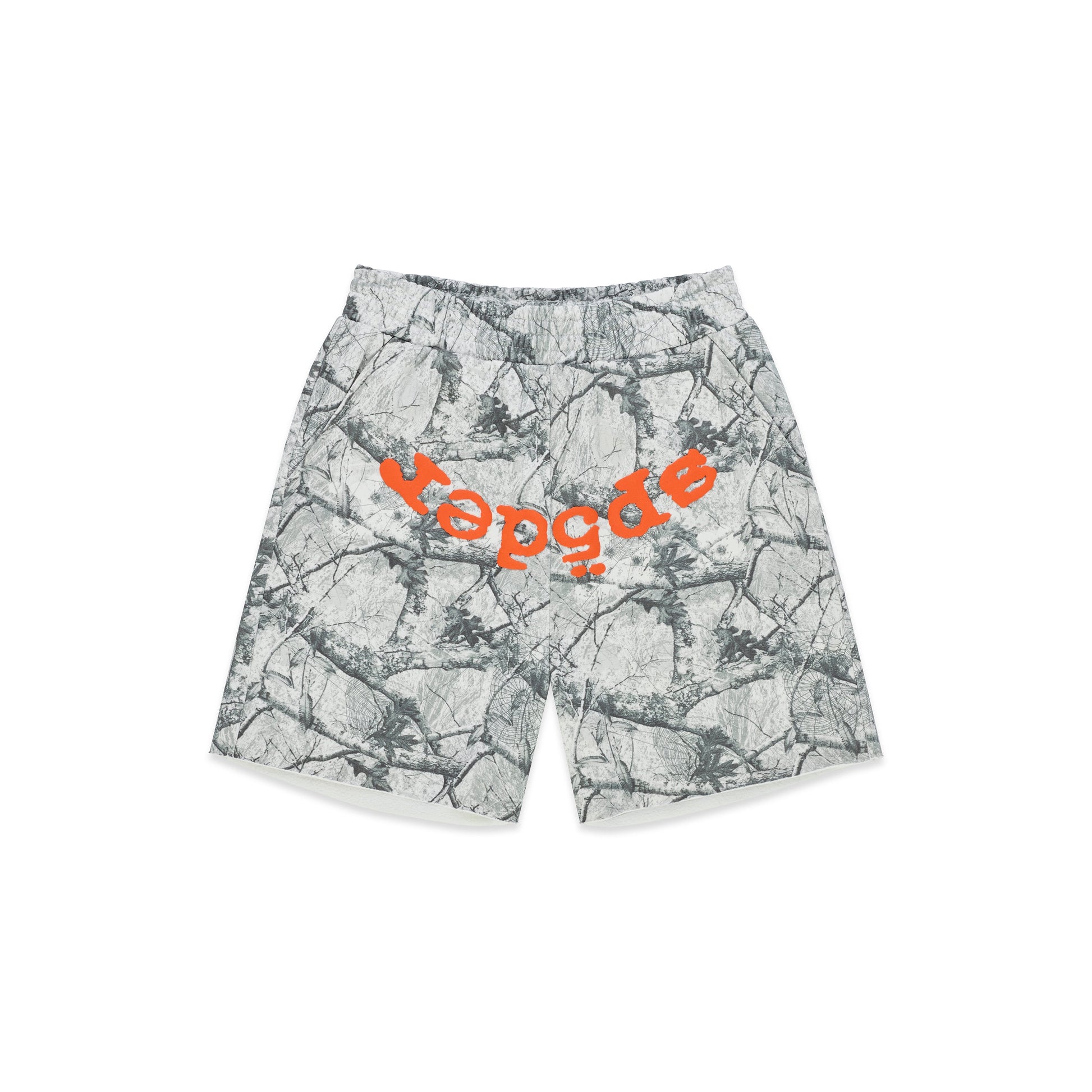 REALTREE OG WEB V2 SWEATSHORT: White camo 13oz cotton fleece shorts with orange "OG" text, drawcord, back pocket, and raw hem.