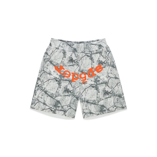 REALTREE OG WEB V2 SWEATSHORT: White camo 13oz cotton fleece shorts with orange "OG" text, drawcord, back pocket, and raw hem.