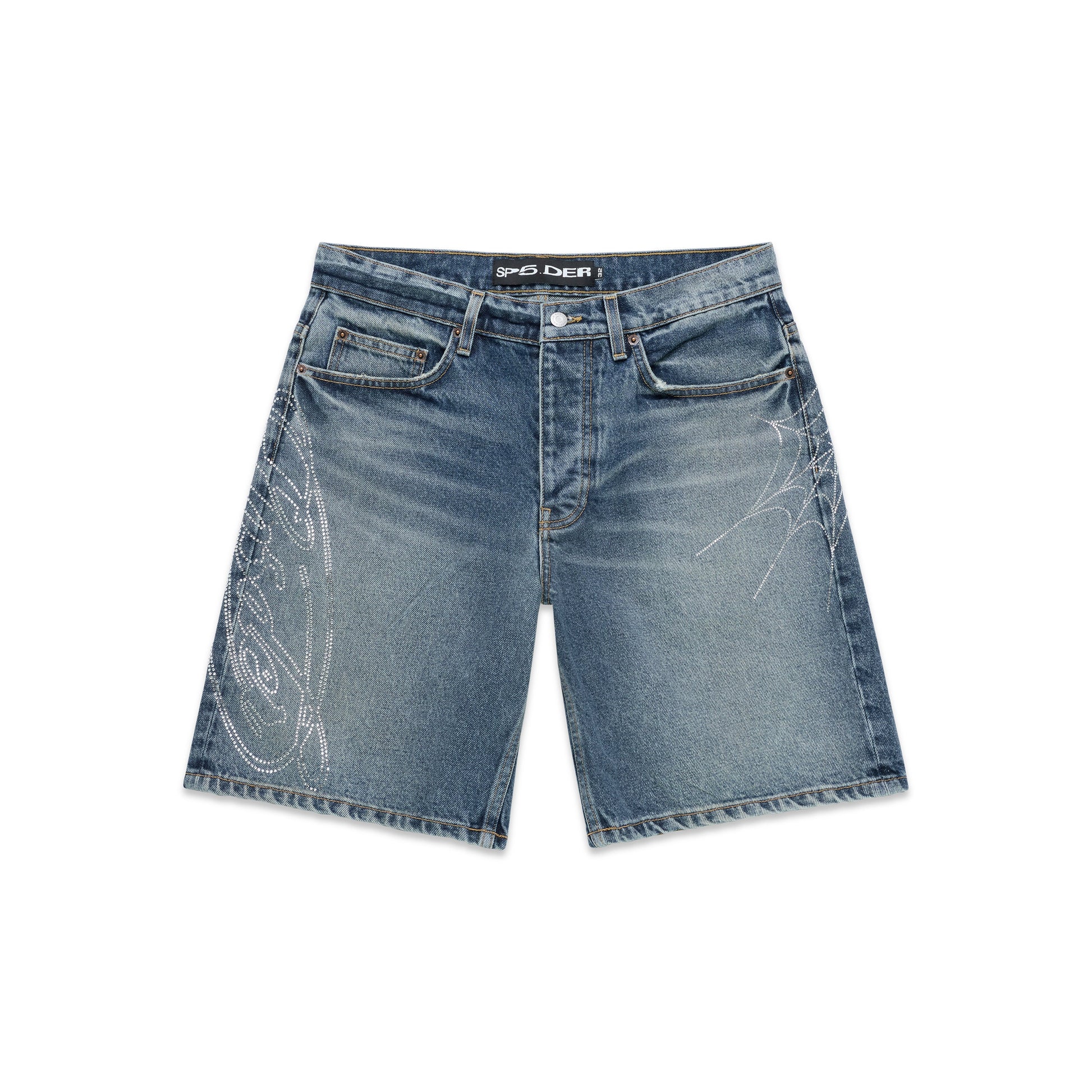 Blue denim shorts with rhinestone web design on both legs, raw hem, and button fly.
