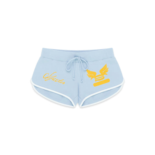 Light blue SP5 WIDE BOXER shorts with white trim, drawstring waist, and yellow graphic print.
