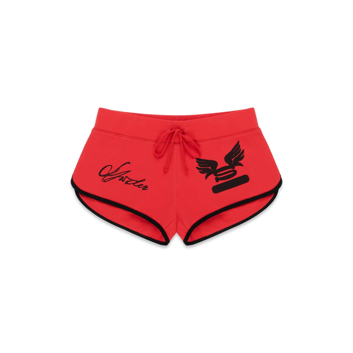 Red SP5 WIDE BOXER shorts with black trim, "Spider" text, and a black bird logo.