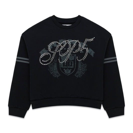 Black ARANEA CREWNECK sweatshirt with "GGDS" in rhinestones, a crest graphic, and striped sleeves.
