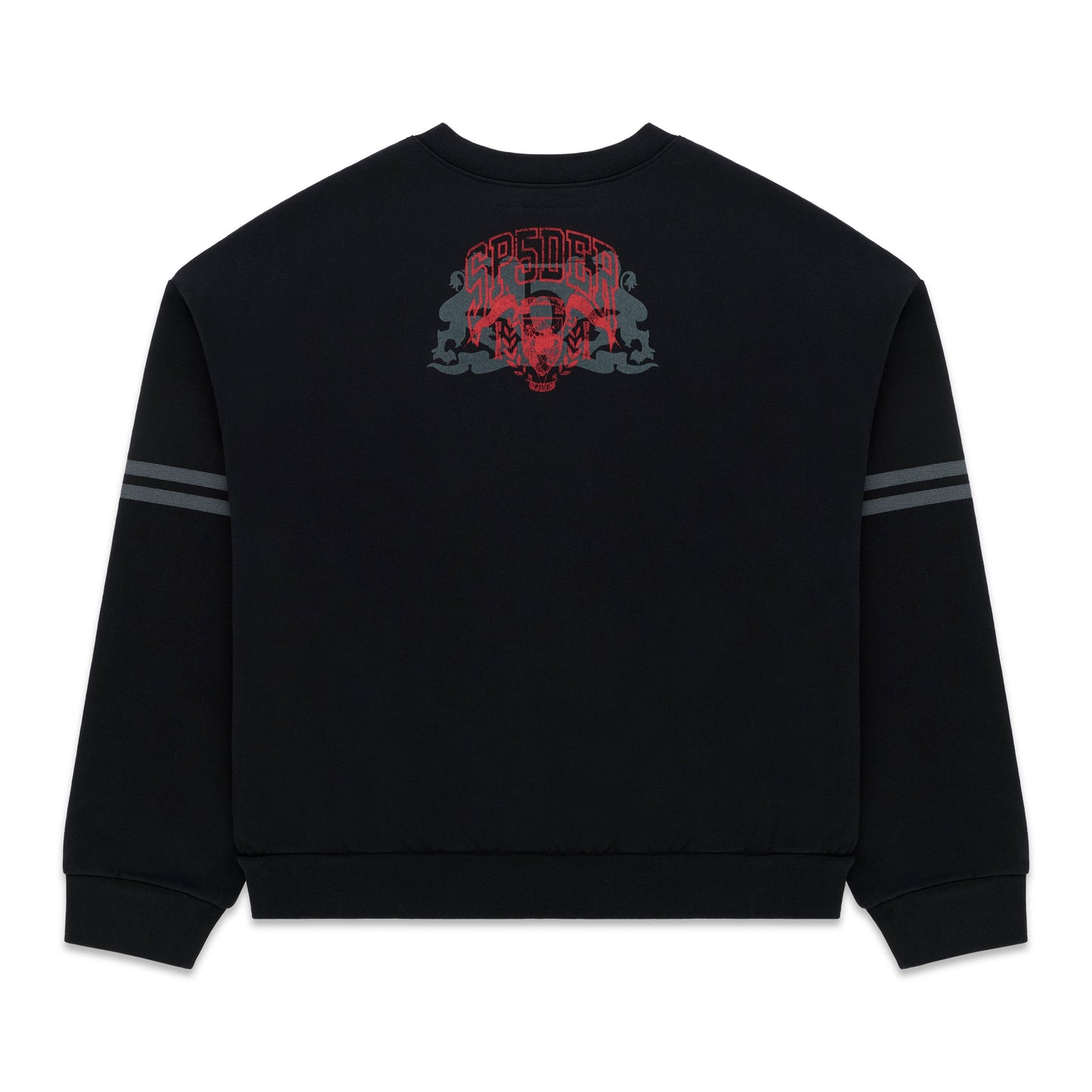 ARANEA CREWNECK: Black oversized sweatshirt with red and grey graphic print on back, grey stripes on sleeves.