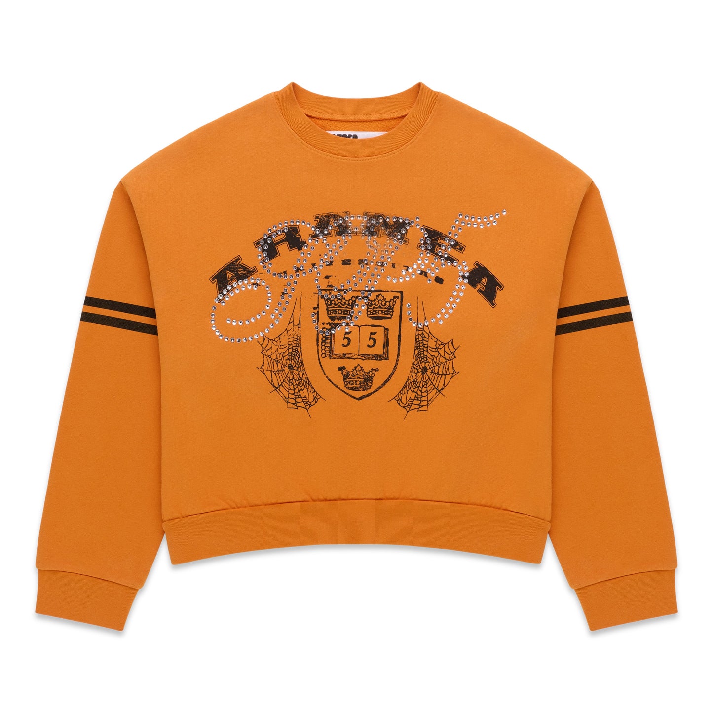 Orange ARANEA CREWNECK sweatshirt with black stripes on sleeves and rhinestone-embellished graphic.
