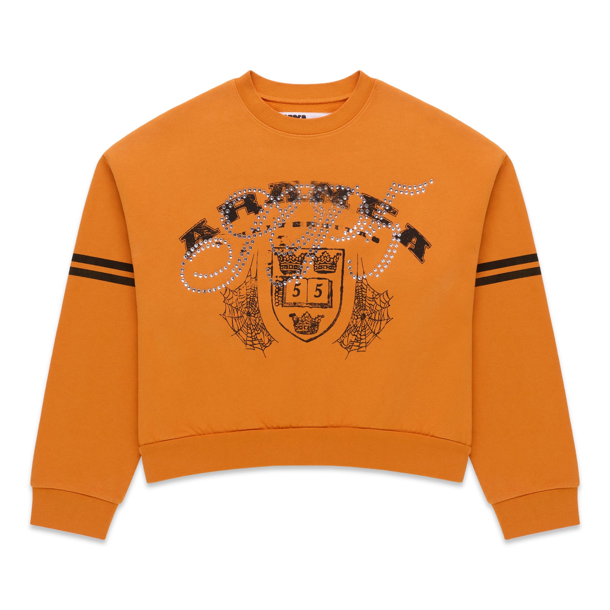 Orange ARANEA CREWNECK sweatshirt with black stripes on sleeves and rhinestone-embellished graphic.