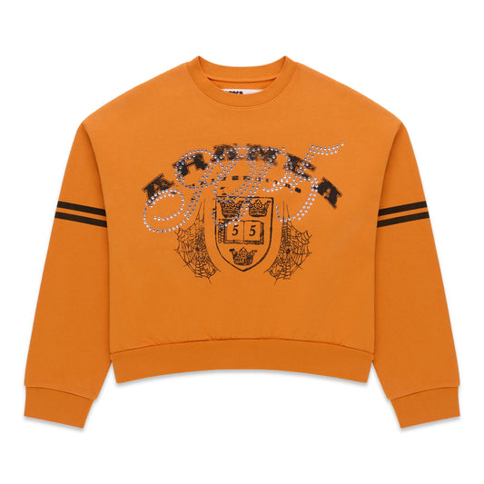 Orange ARANEA CREWNECK sweatshirt with black stripes on sleeves and rhinestone-embellished graphic.
