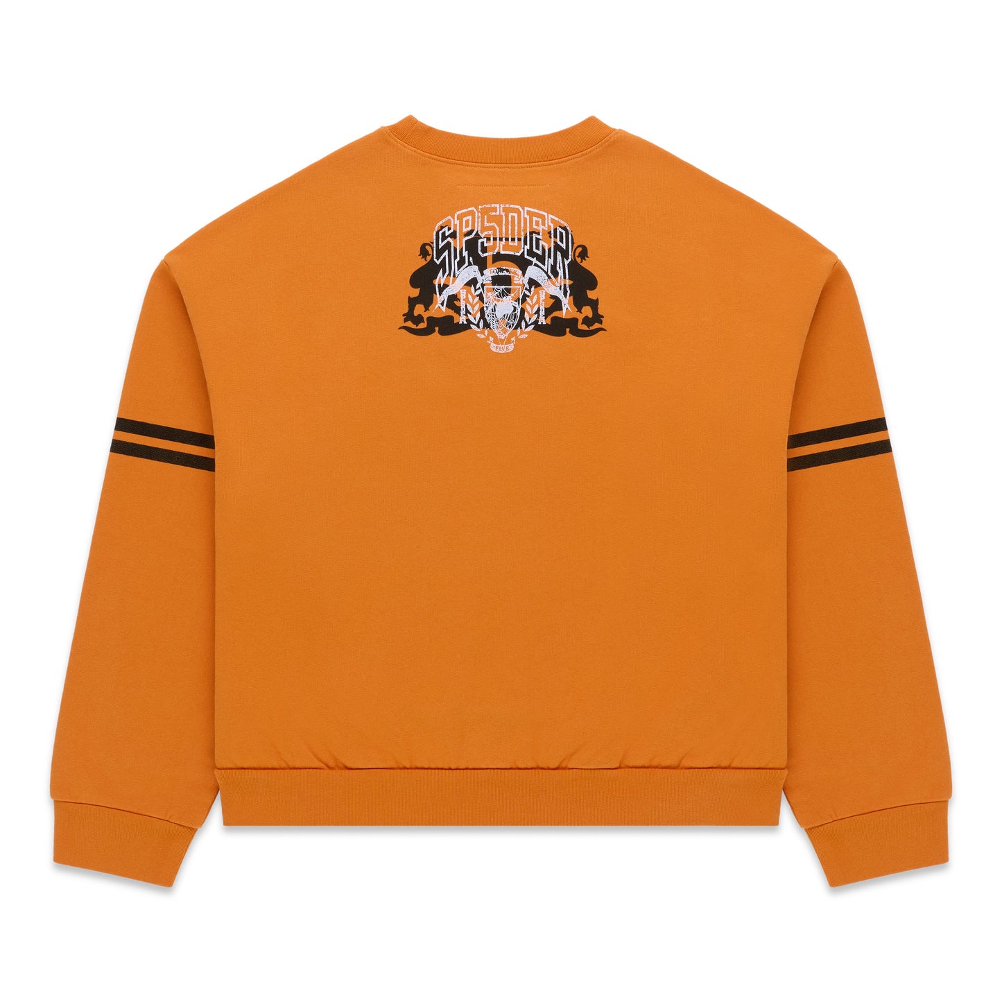 Orange ARANEA CREWNECK with black sleeve stripes and a white, black, and orange spider graphic on the back.