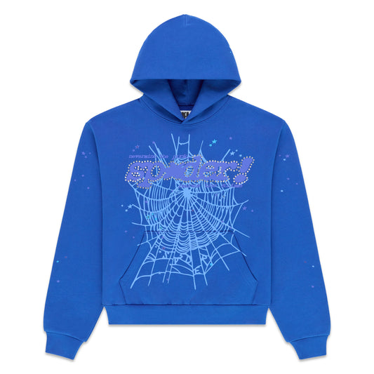 Blue RHINESTONE PUNK V2 HOODIE with "SPIDER!" text, spiderweb, and star rhinestones.