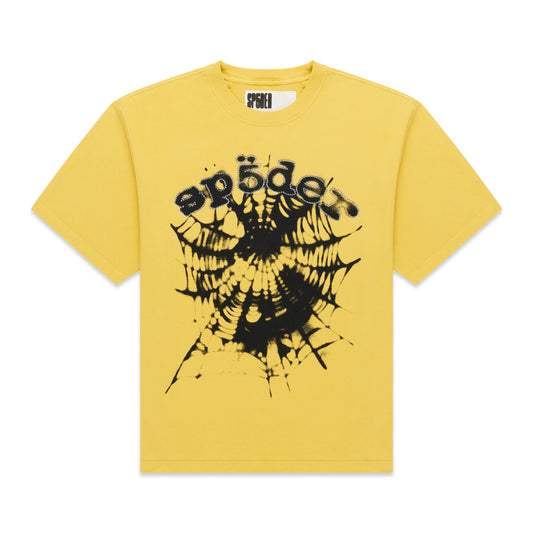 Yellow OG WEB V2 TEE with black spiderweb graphic and "sp5der" text.