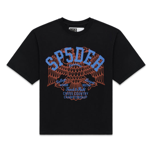 Black cotton t-shirt with "SPSDER" and an eagle graphic in blue and orange.