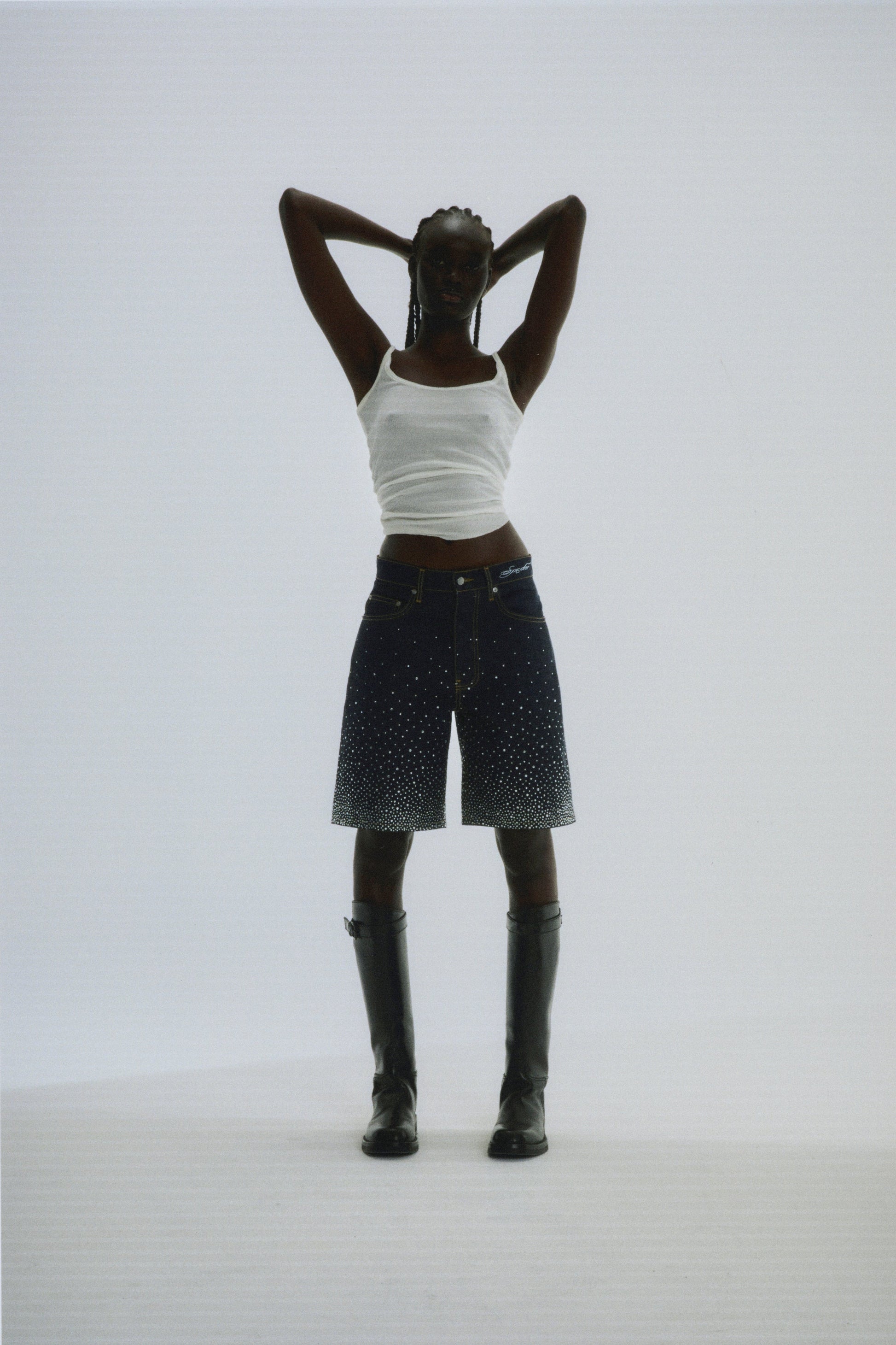 INDIGO STAR DUST DENIM SHORT ON MODEL