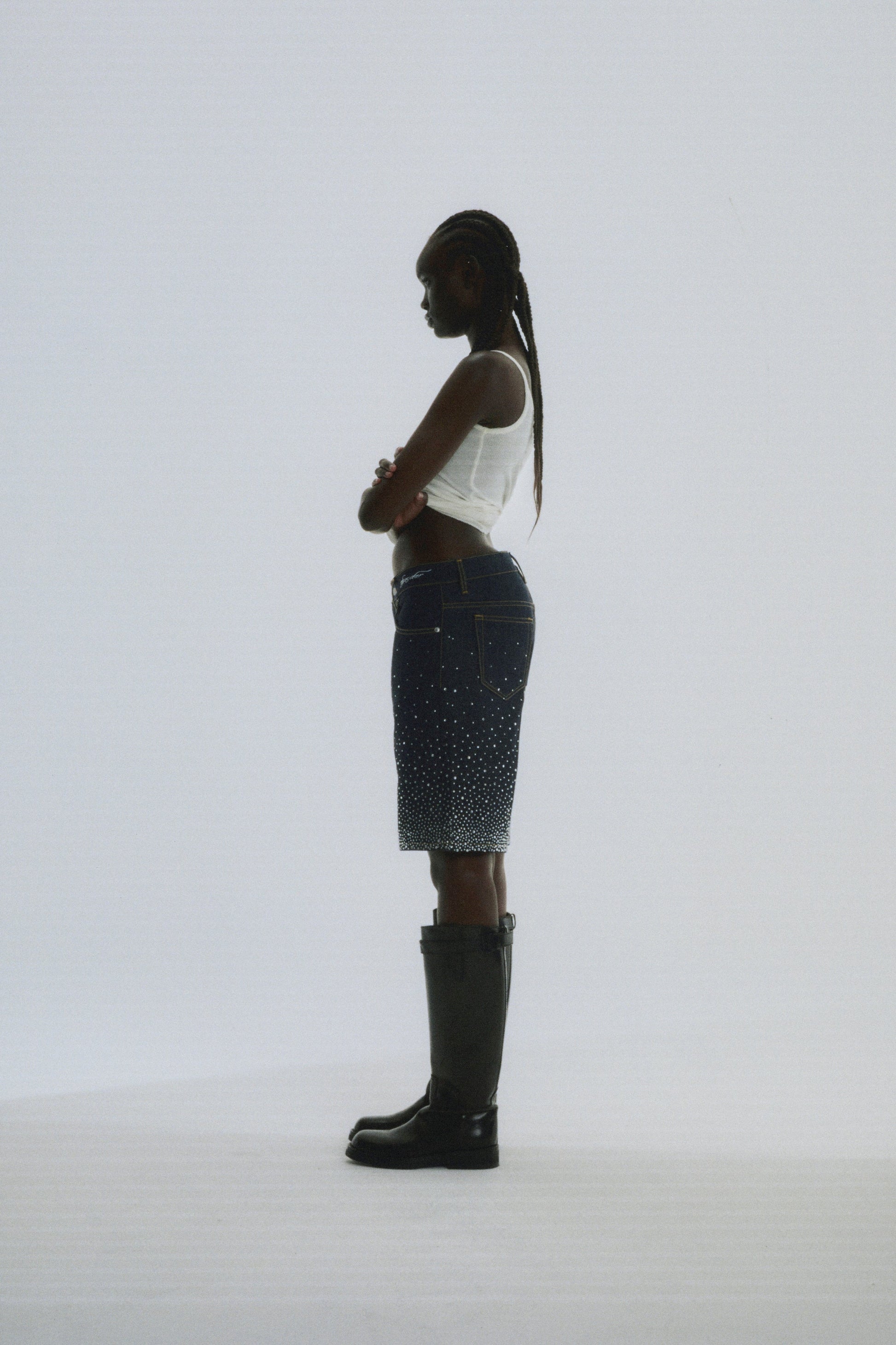INDIGO STAR DUST DENIM SHORT ON MODEL