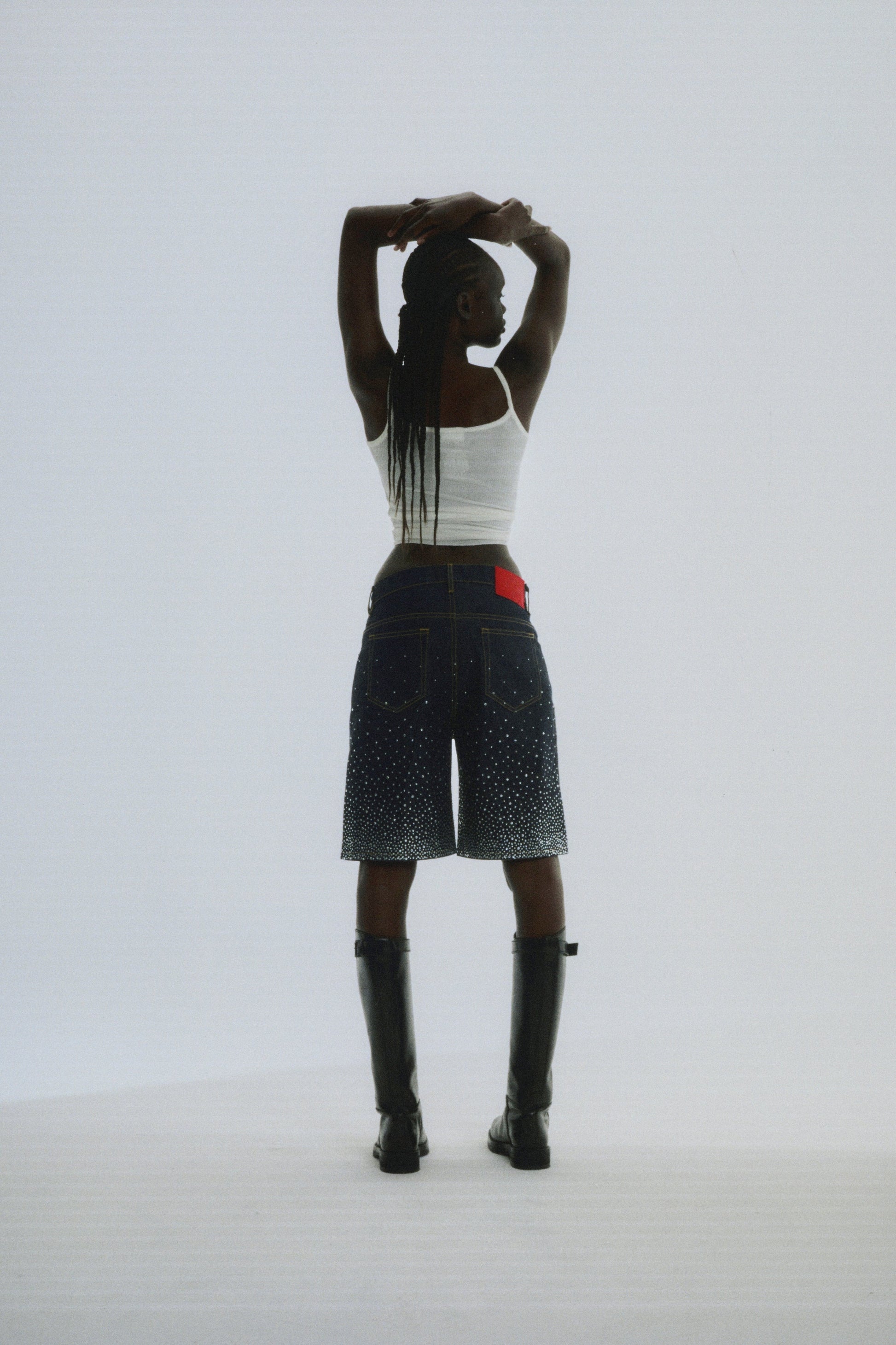 INDIGO STAR DUST DENIM SHORT ON MODEL