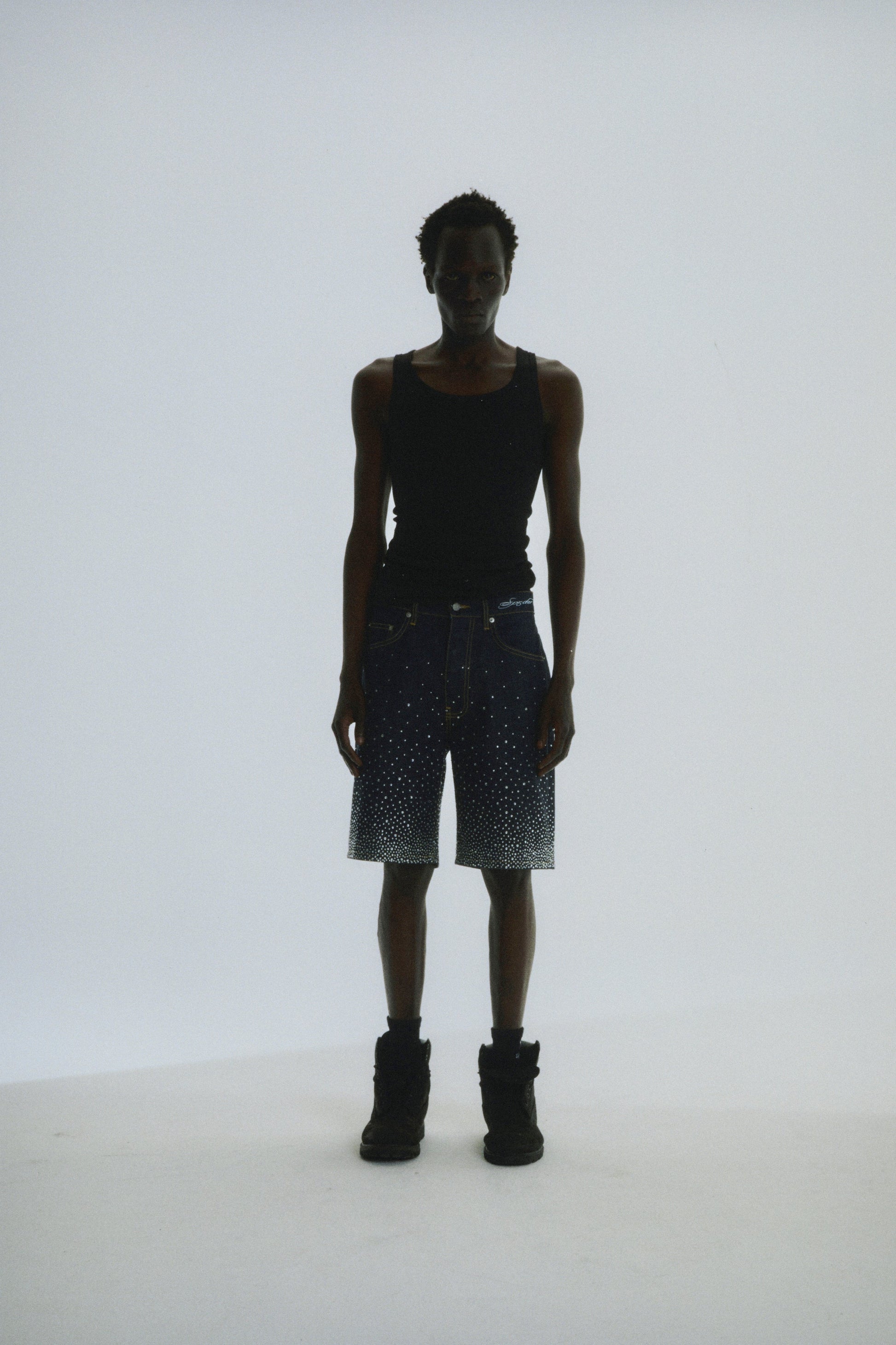 INDIGO STAR DUST DENIM SHORT ON MODEL