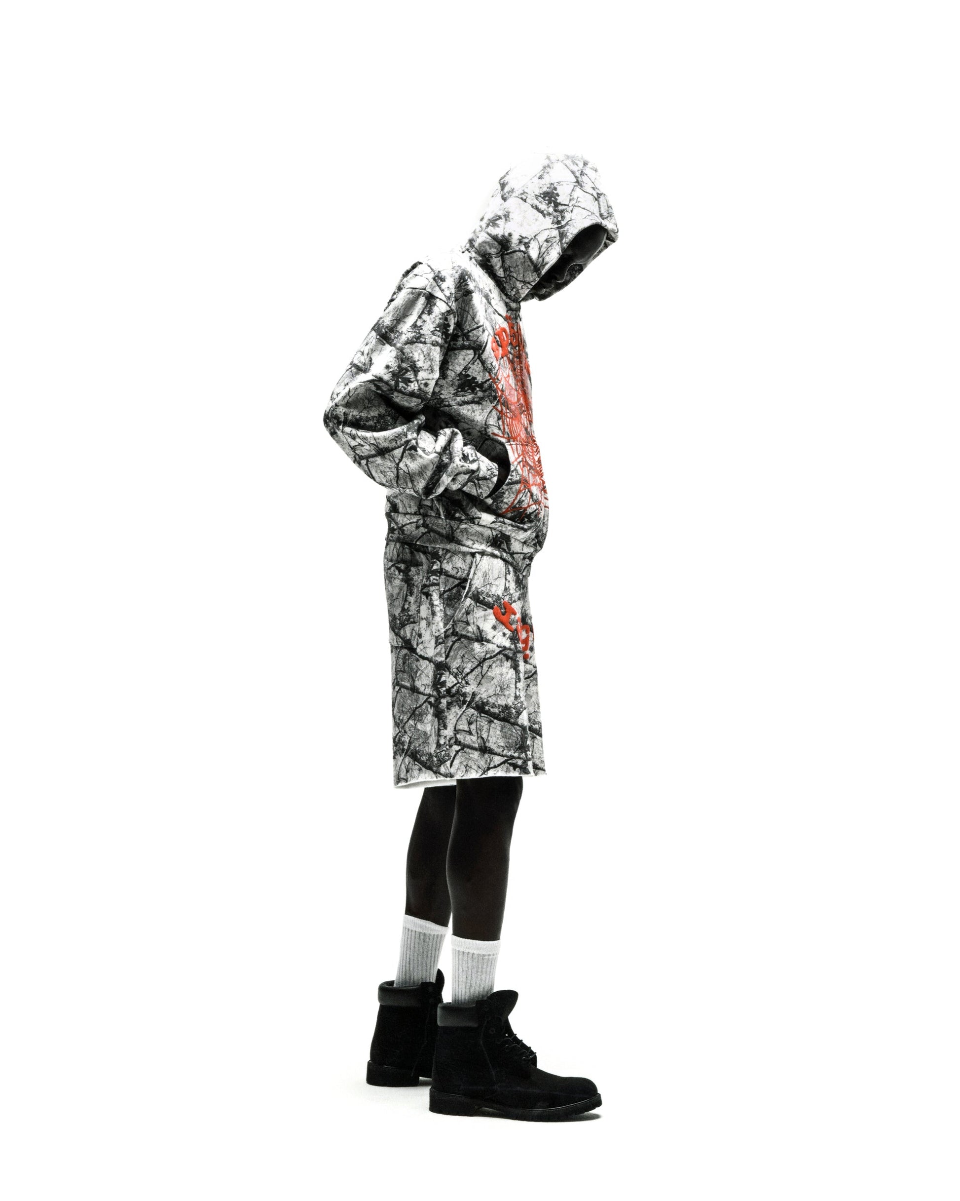 REALTREE OG WEB V2 SWEATSHORT and hoodie set with white camo print, red OG text, and raw hem.