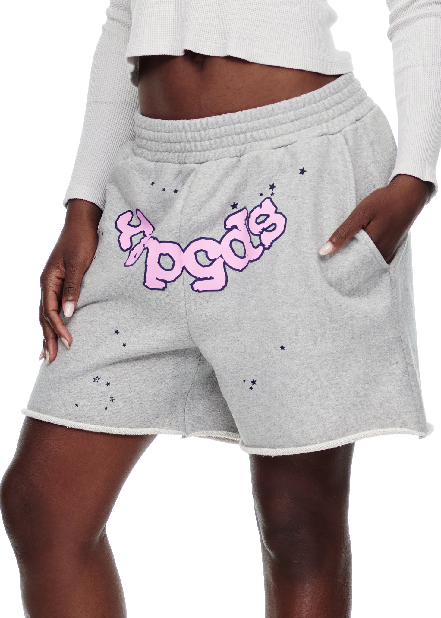 GREY OG WEB LOGO SWEATSHORT FEMALE MODEL 2