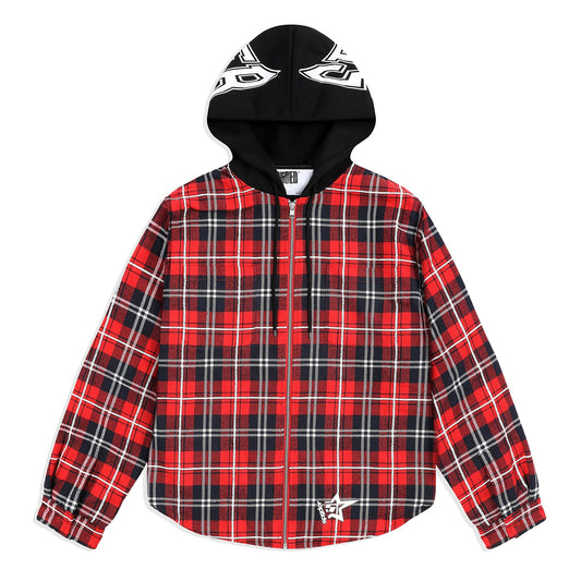 RED HOODED ZIP FLANNEL SHIRT JACKET