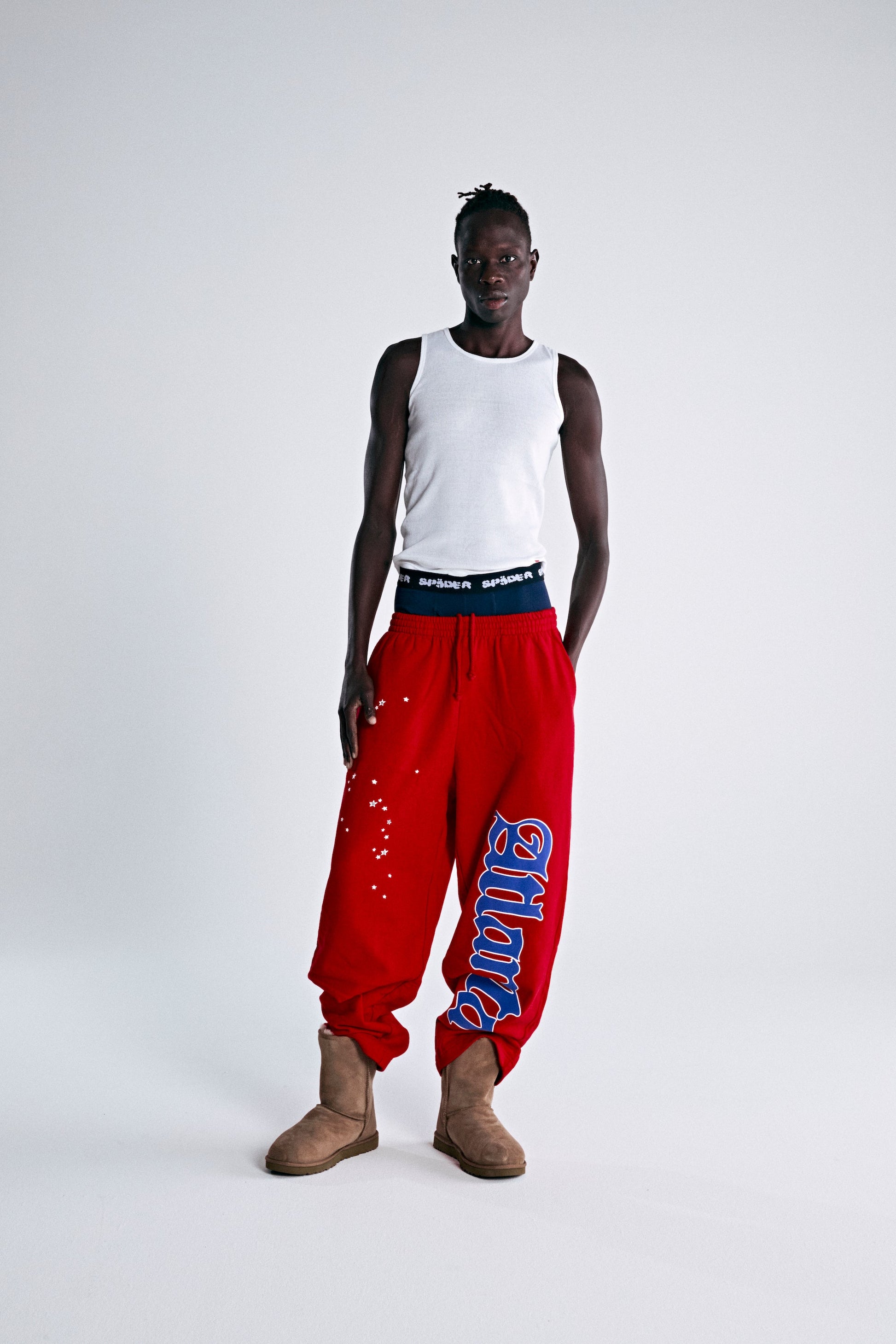 ATLANTA OPEN LEG SWEATPANT RED ON MODEL