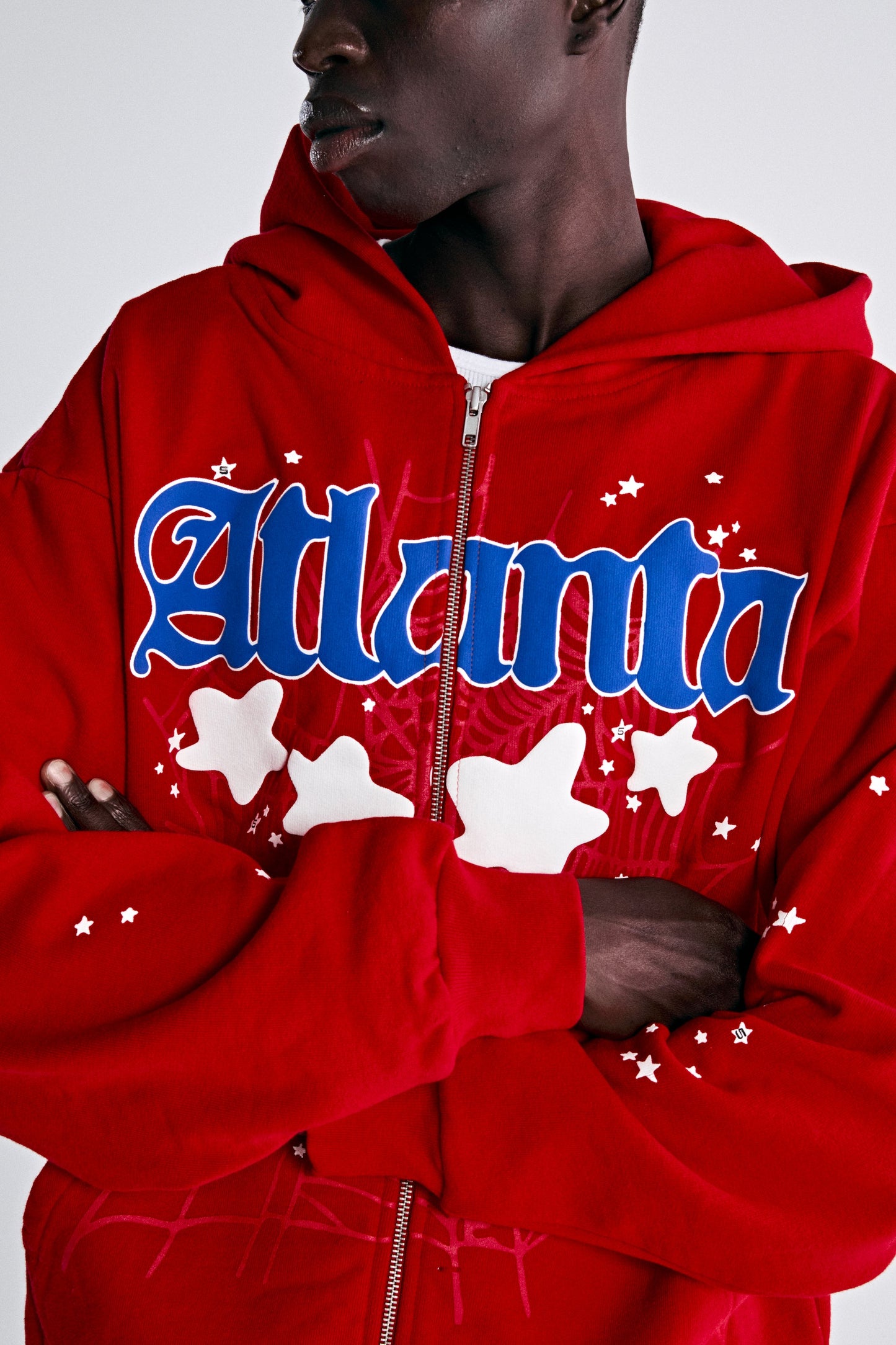 ATLANTA ZIP HOODIE RED ON MODEL