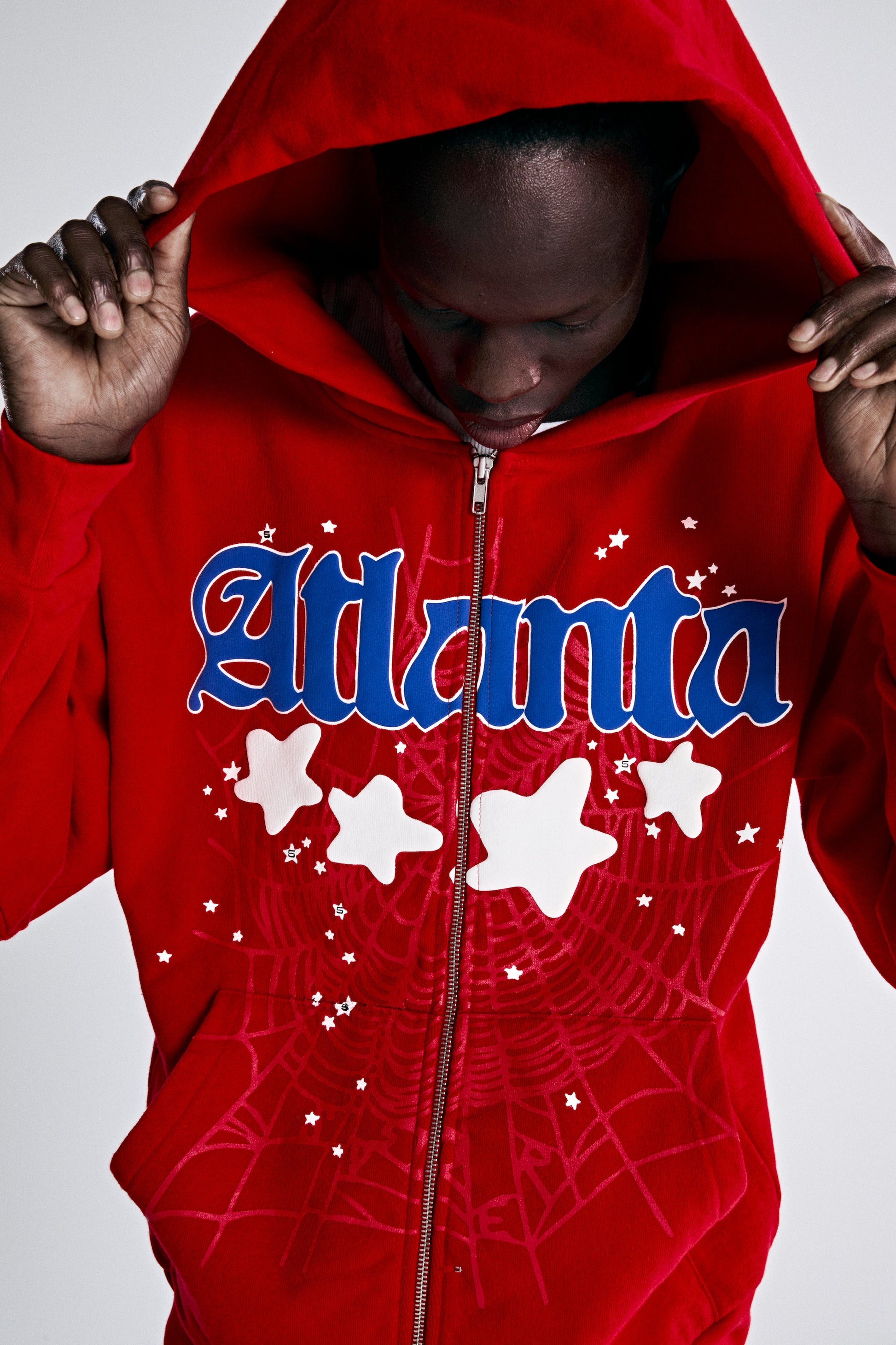 ATLANTA ZIP HOODIE RED ON MODEL