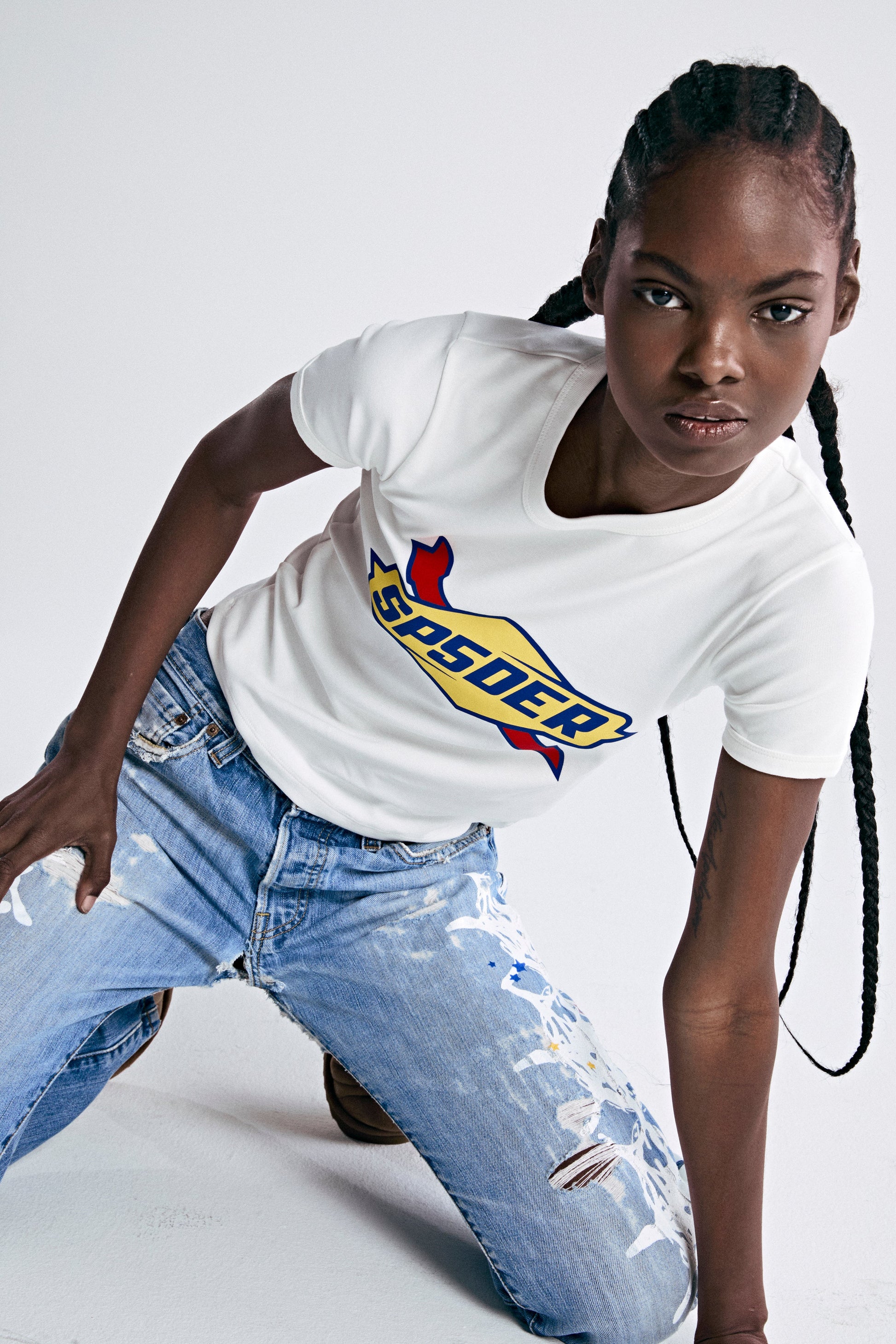 WHITE GAS BABY TEE ON MODEL 2