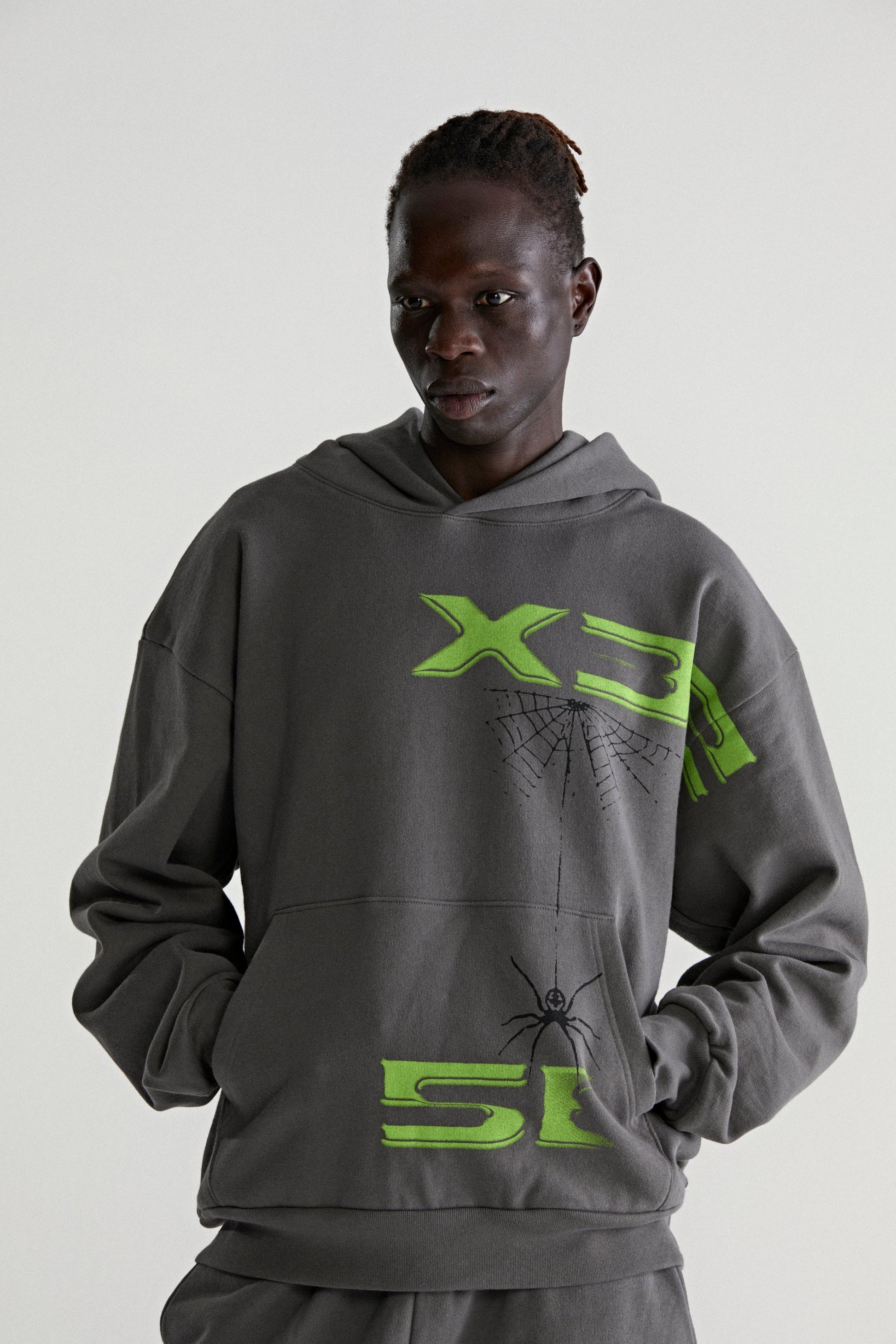 DARK GREY 5EX HOODIE ON MODEL