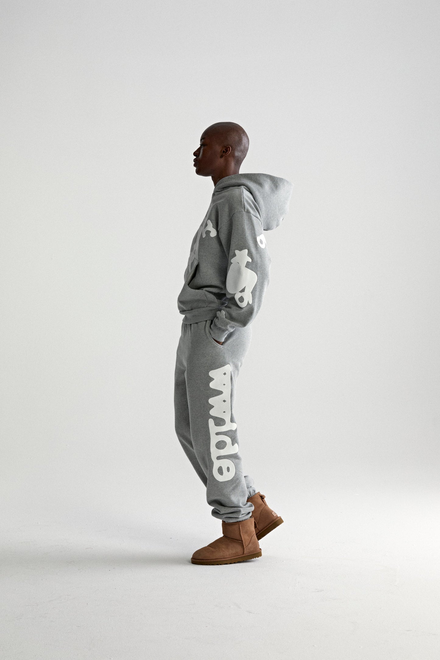 DARK HEATHER GREY BELUGA HOODIE ON MODEL