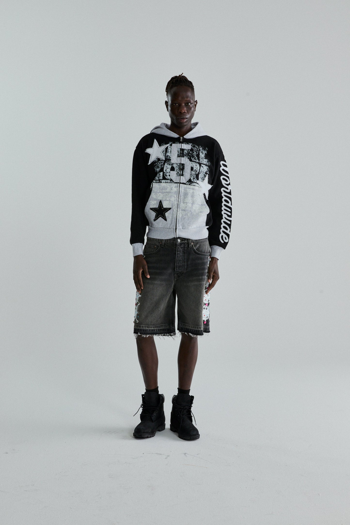 BLACK TRIPLE 5 STITCH ZIP UP ON MODEL