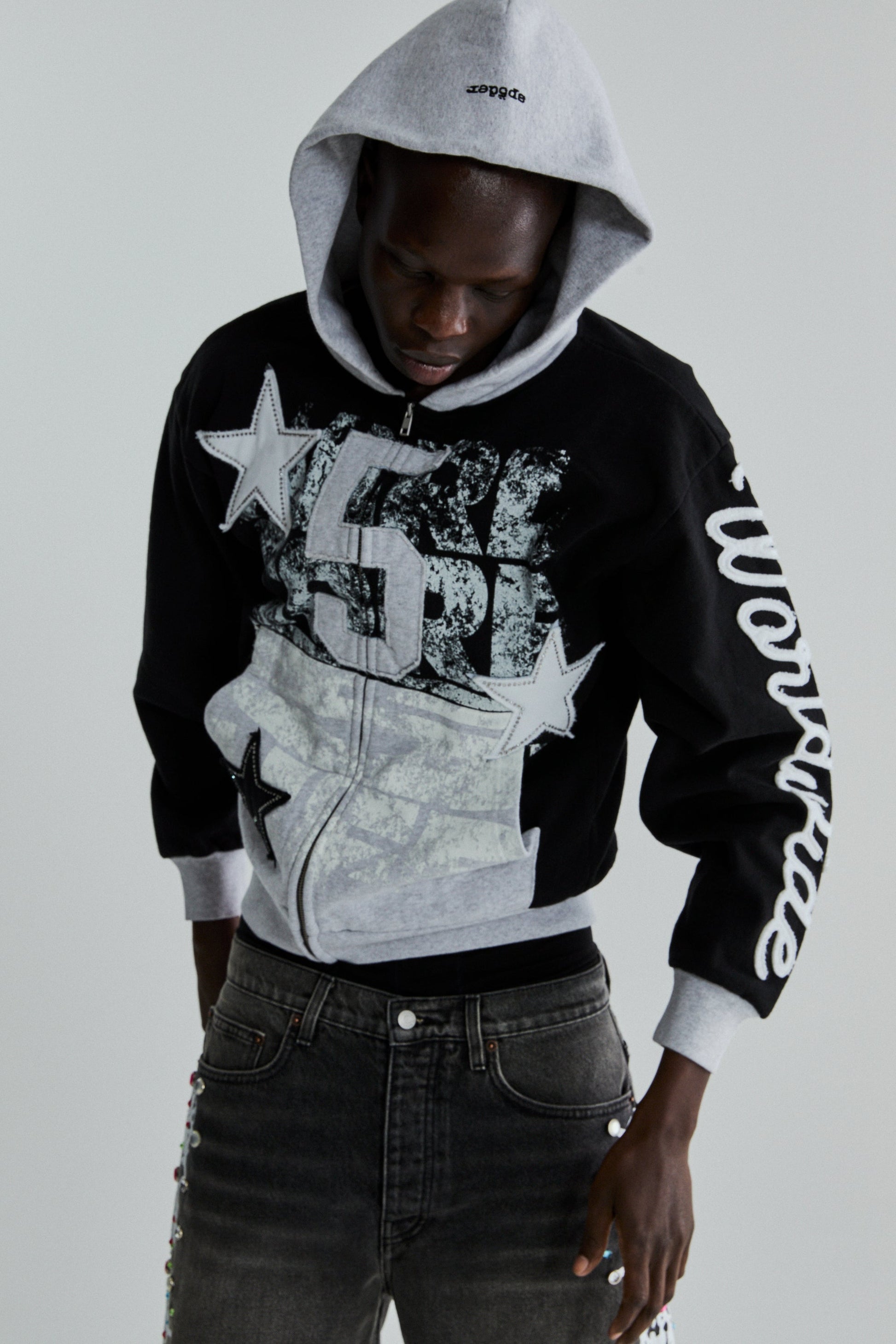 BLACK TRIPLE 5 STITCH ZIP UP ON MODEL