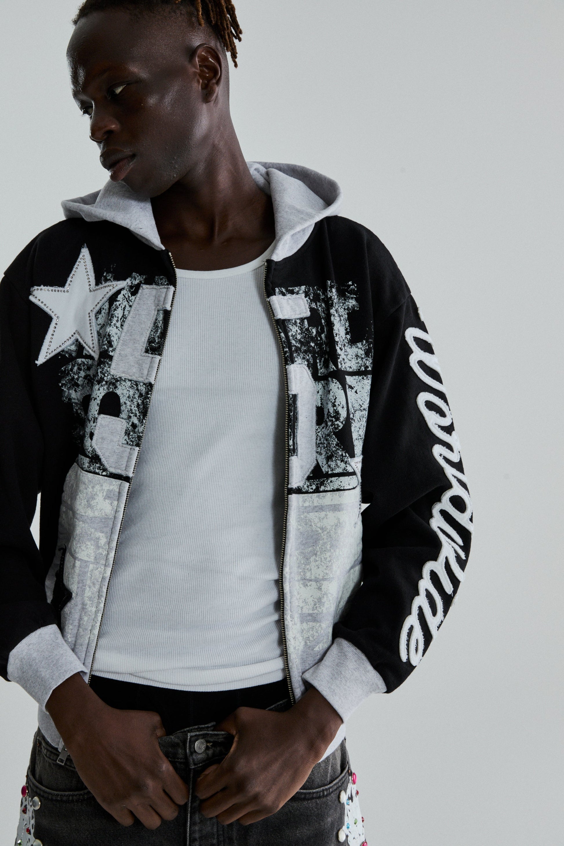 BLACK TRIPLE 5 STITCH ZIP UP ON MODEL