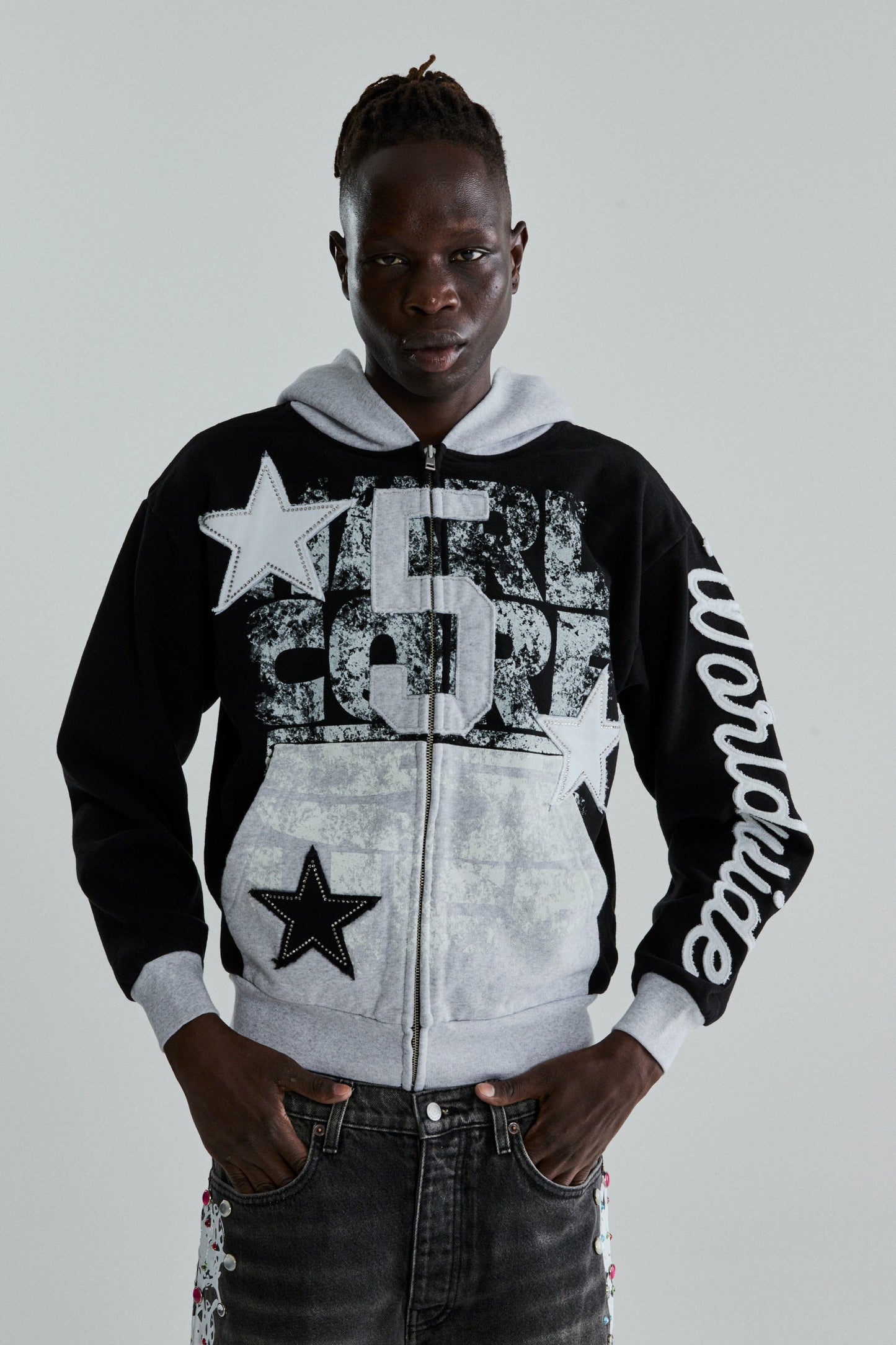 BLACK TRIPLE 5 STITCH ZIP UP ON MODEL