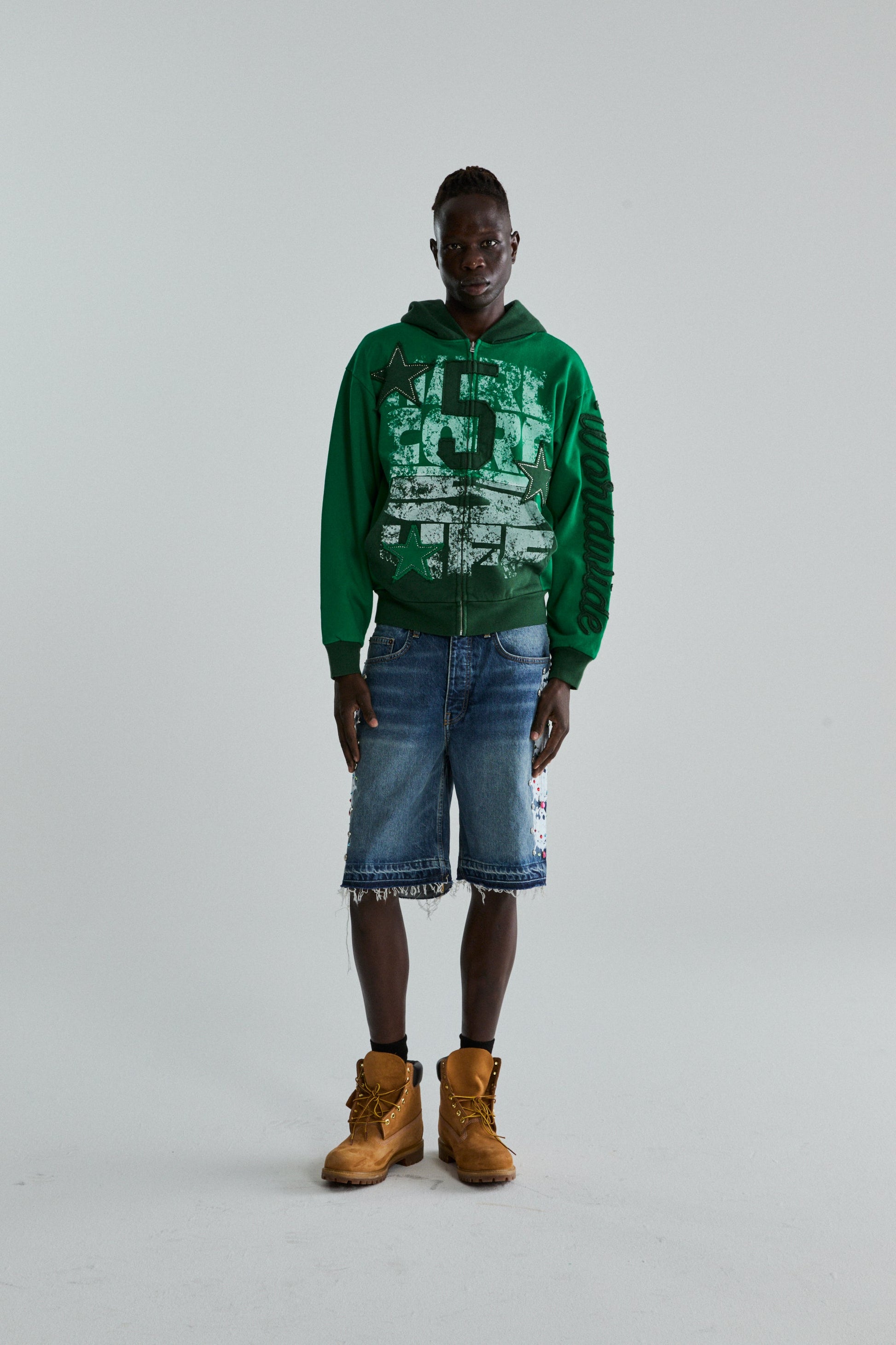 GREEN TRIPLE 5 STITCH ZIP UP ON MODEL