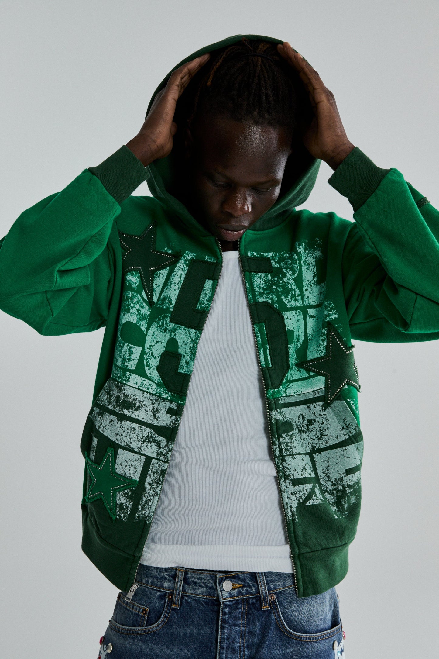 GREEN TRIPLE 5 STITCH ZIP UP ON MODEL