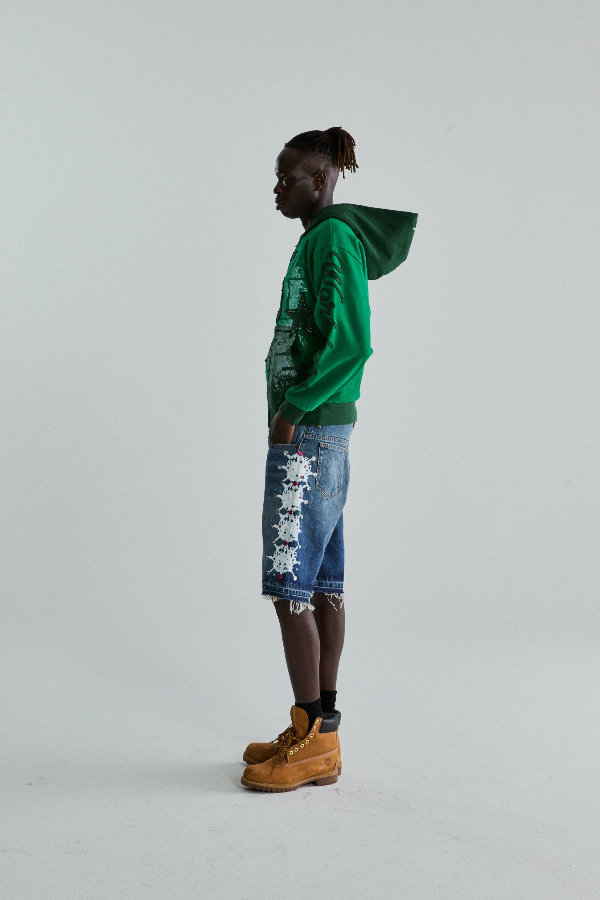 GREEN TRIPLE 5 STITCH ZIP UP ON MODEL