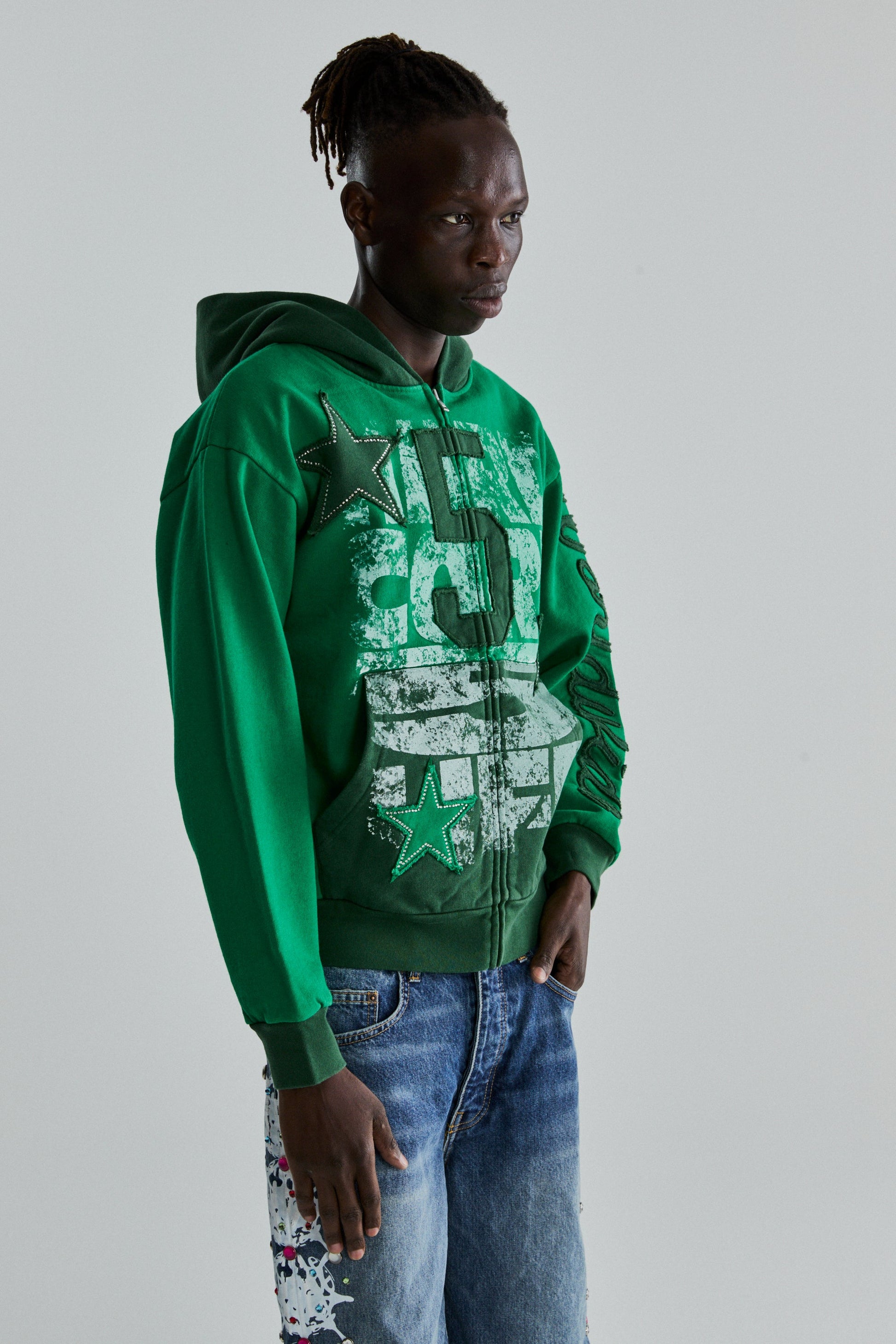 GREEN TRIPLE 5 STITCH ZIP UP ON MODEL