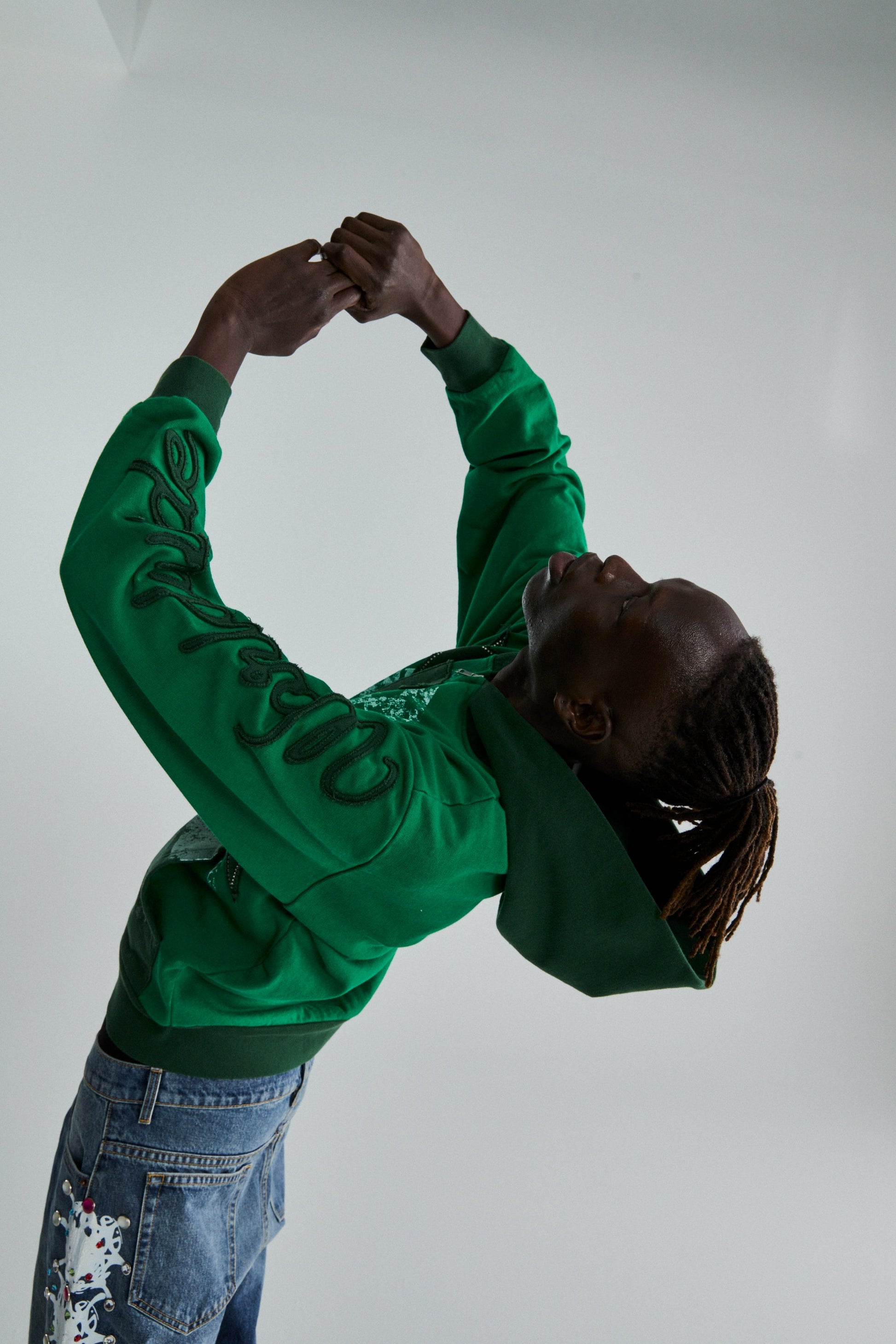 GREEN TRIPLE 5 STITCH ZIP UP ON MODEL