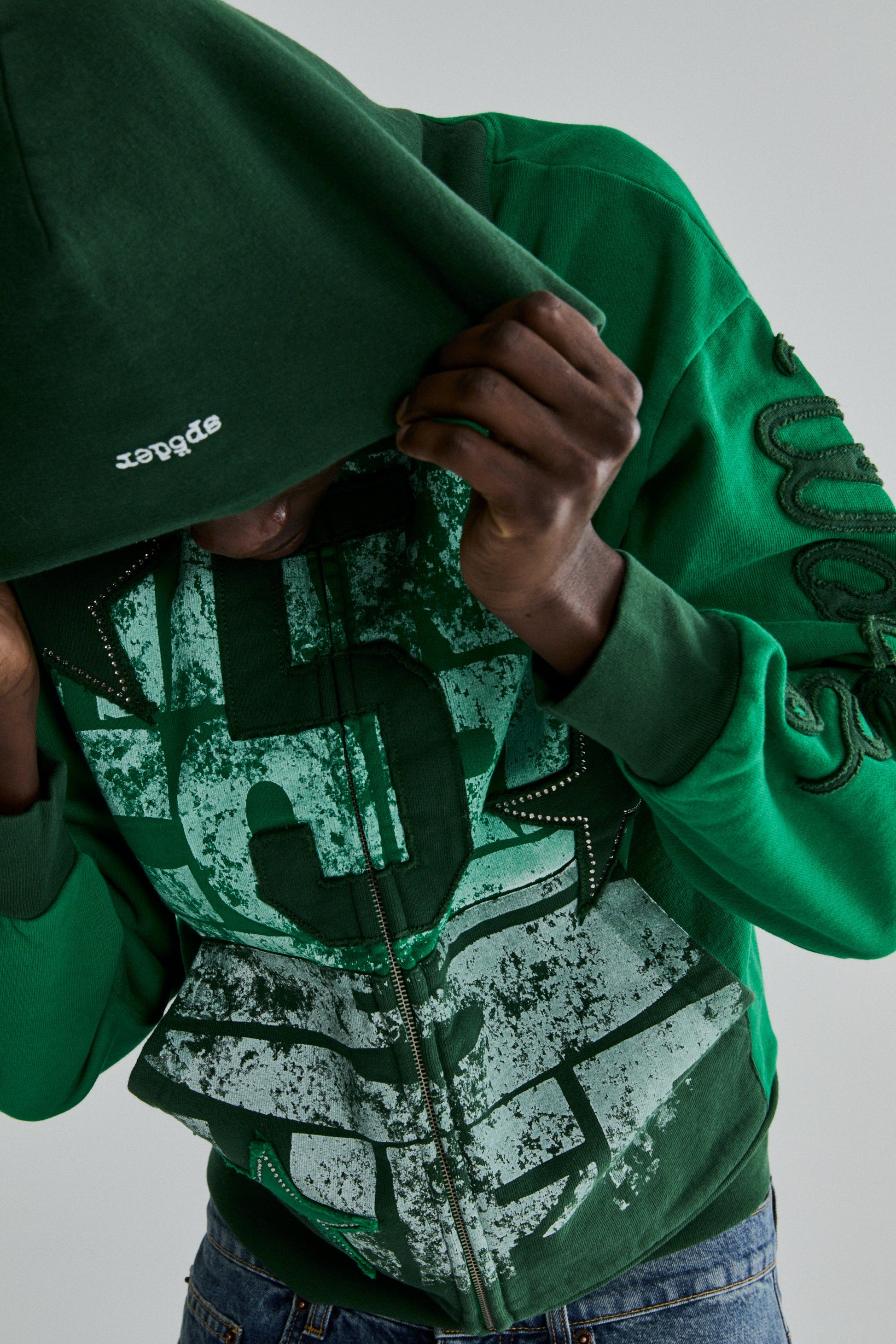 GREEN TRIPLE 5 STITCH ZIP UP ON MODEL