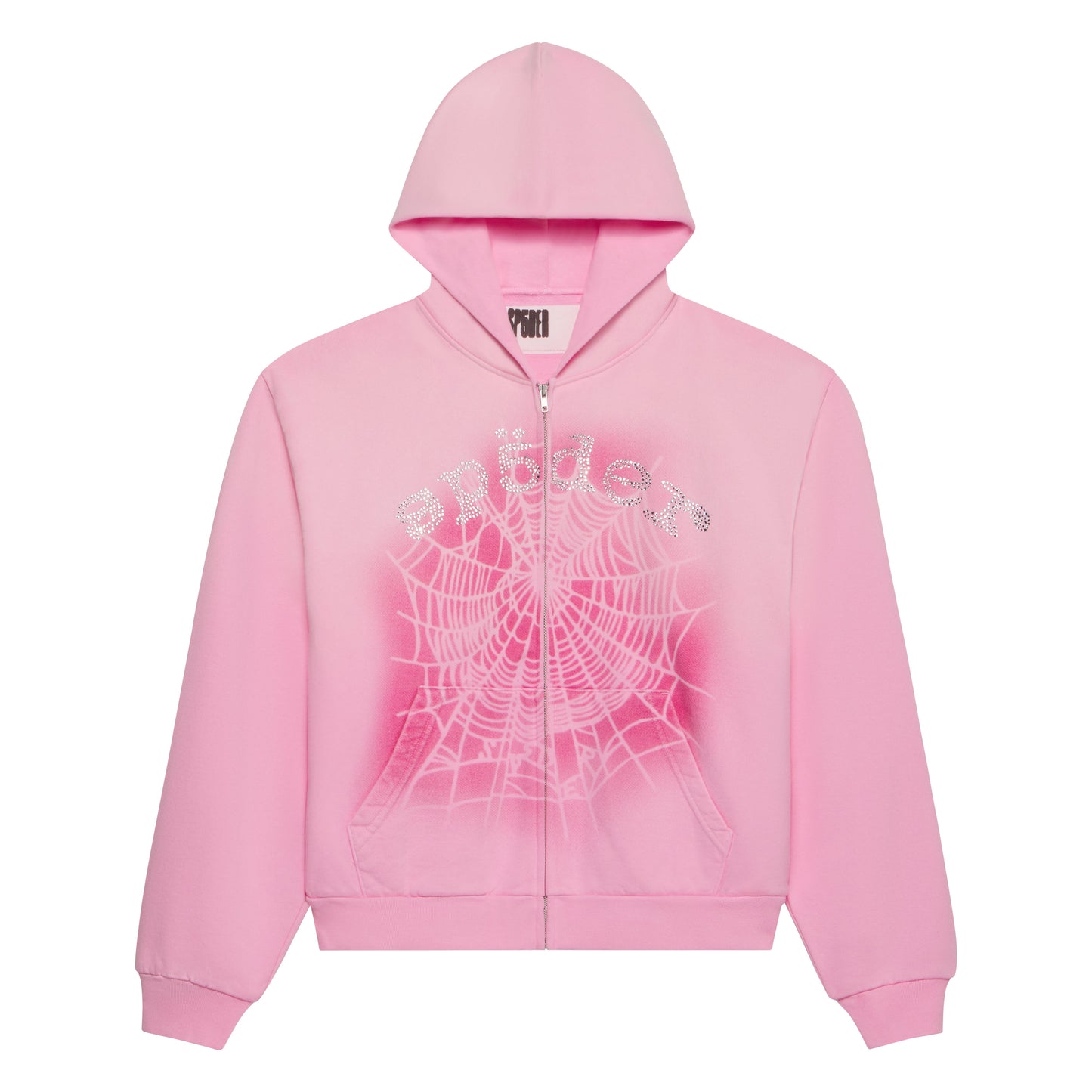 Pink OG WEB V2 SPRAY ZIP HOODIE with a puff print spider web and rhinestone text graphic.