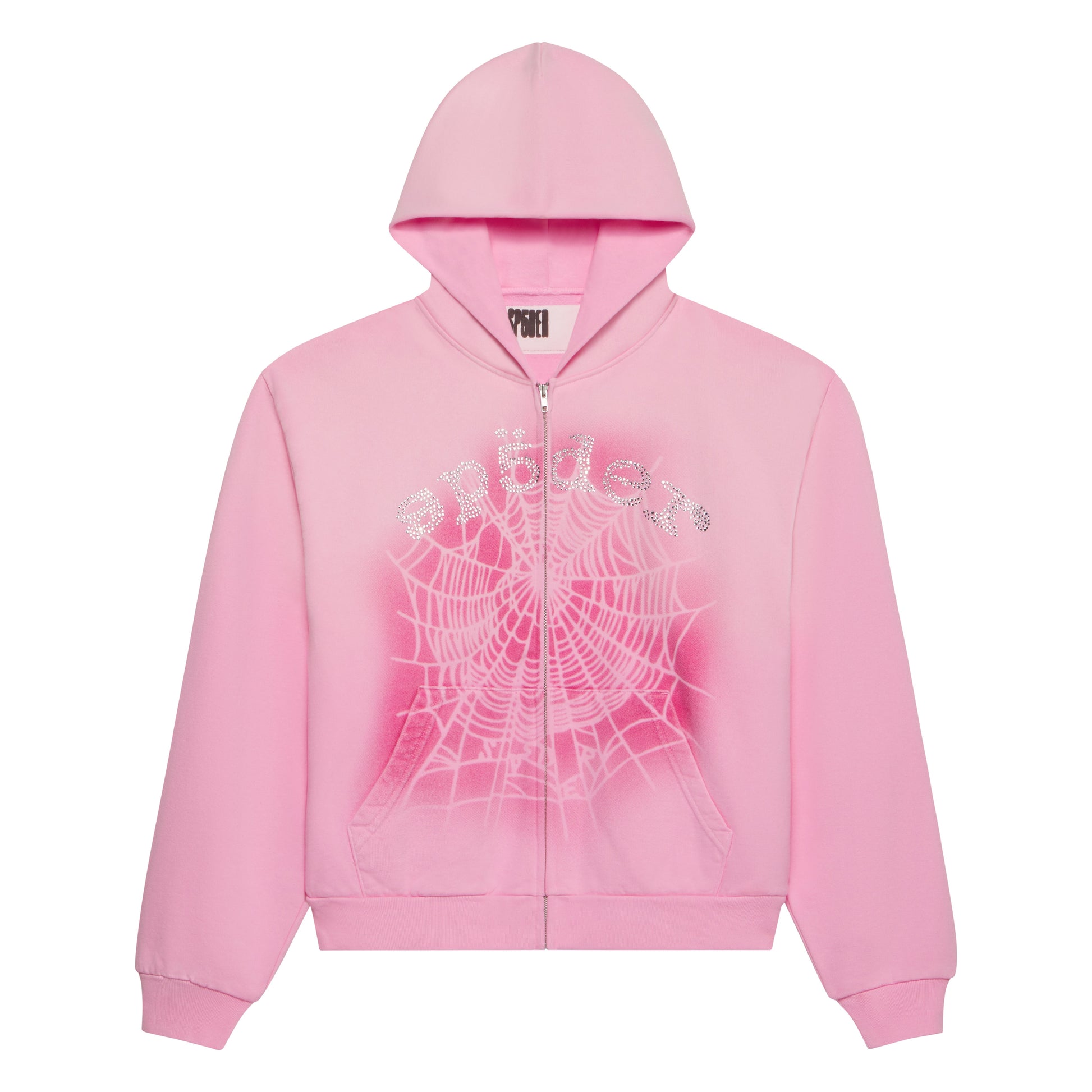 Pink OG WEB V2 SPRAY ZIP HOODIE with a puff print spider web and rhinestone text graphic.