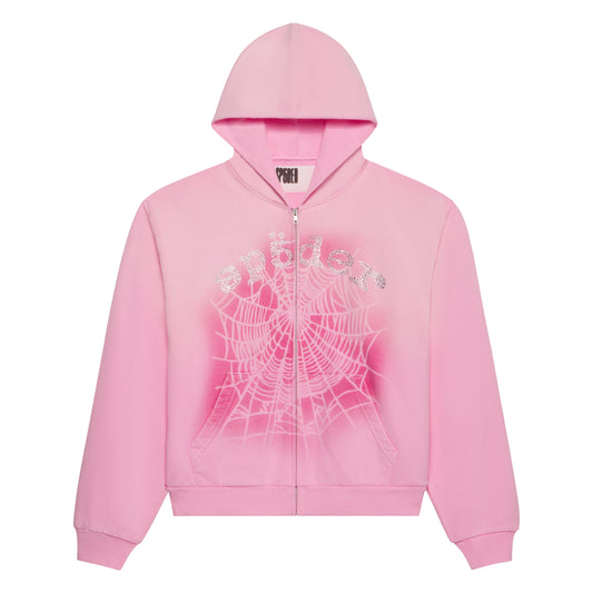 Pink OG WEB V2 SPRAY ZIP HOODIE with a puff print spider web and rhinestone text graphic.