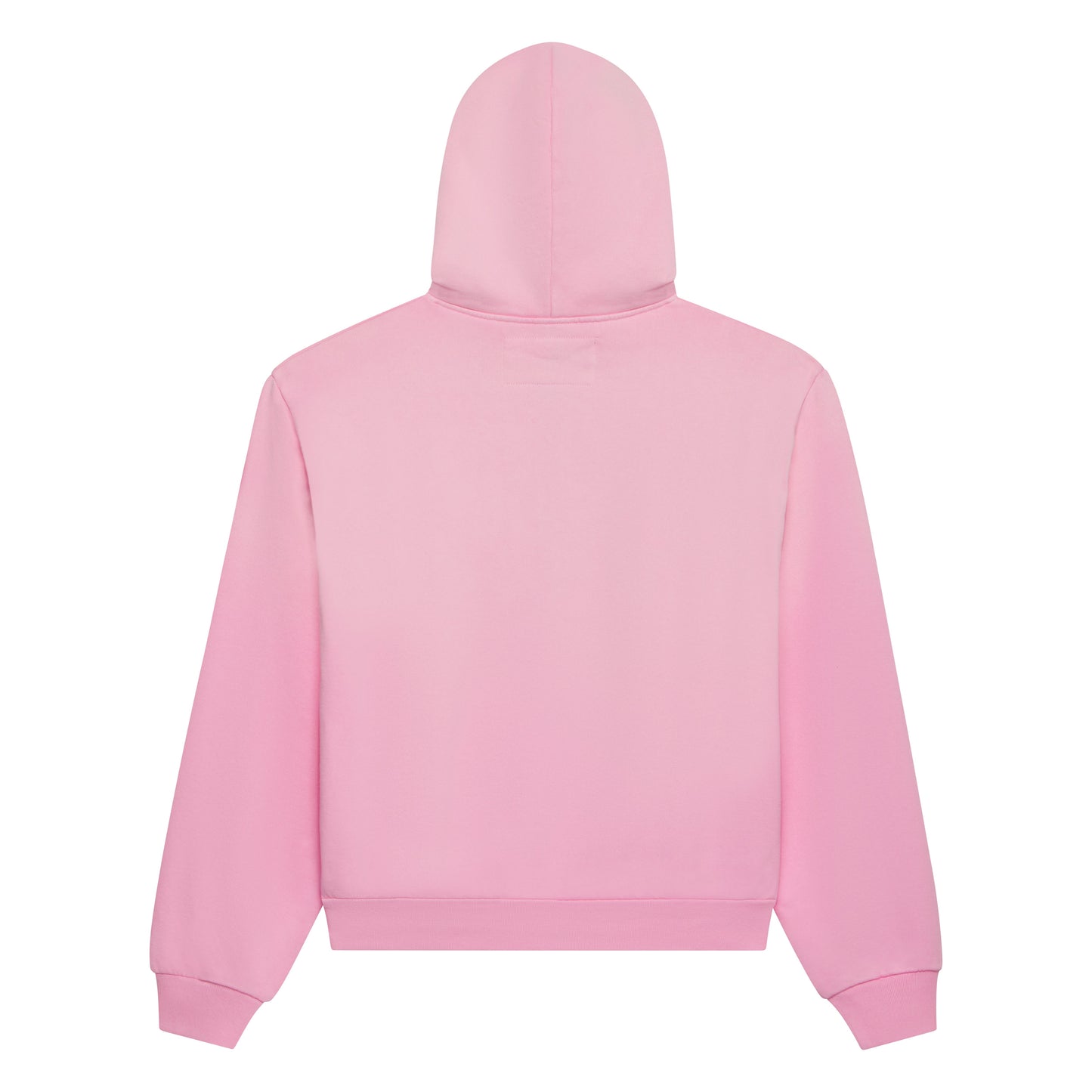Pink 100% cotton fleece zip hoodie, back view.
