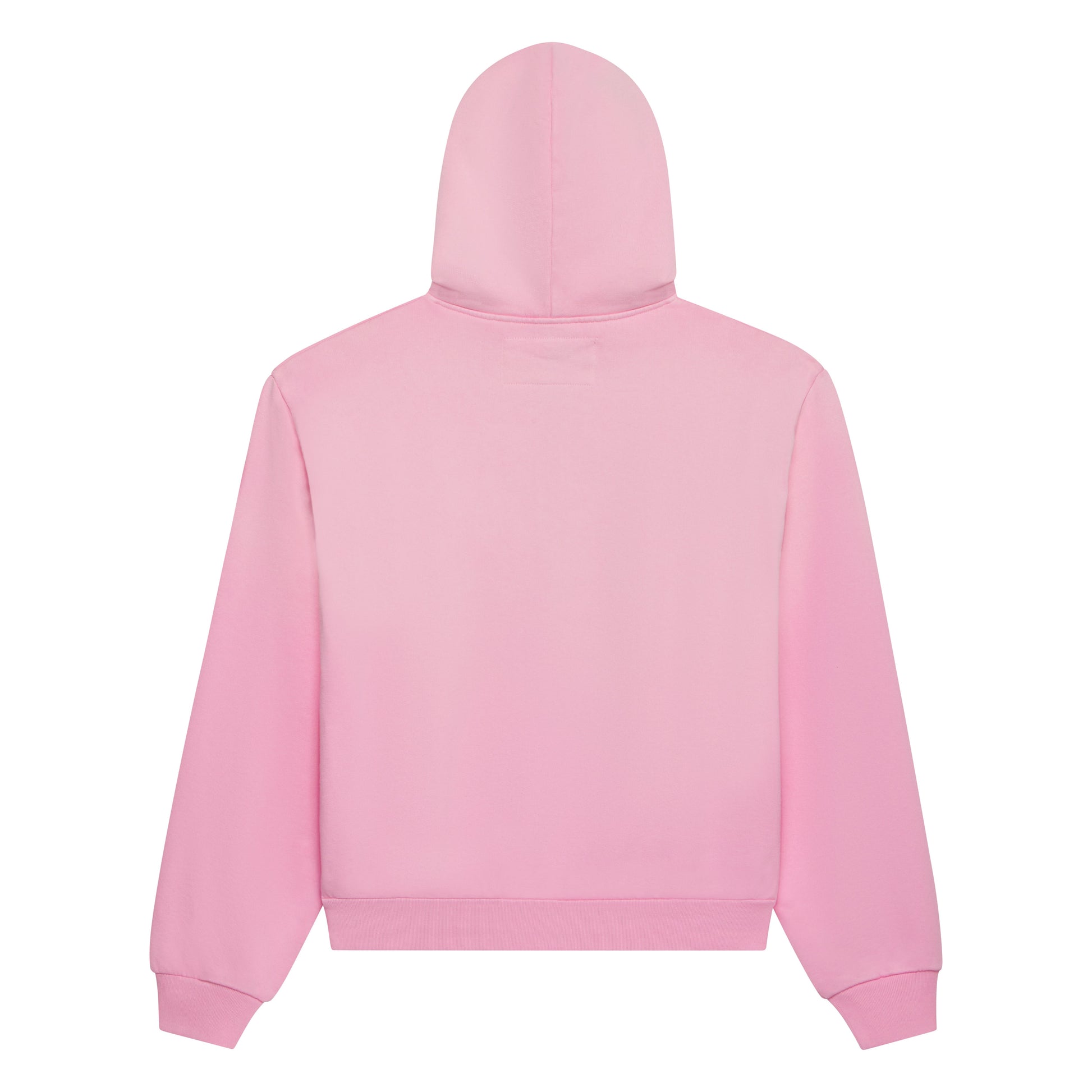 Pink 100% cotton fleece zip hoodie, back view.