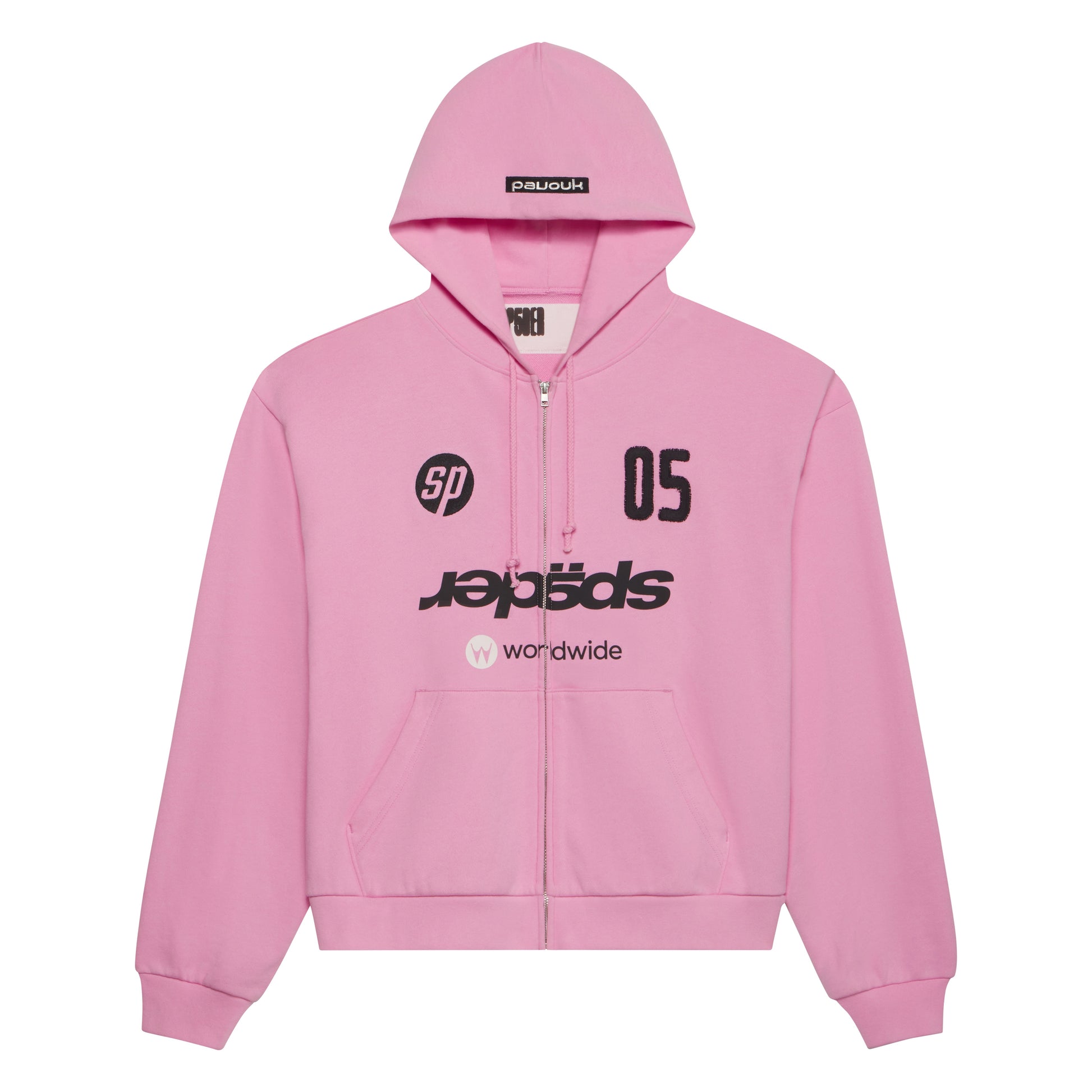 Pink cotton fleece zip hoodie with embroidered patches, graphic print, drawstring hood, and welt pockets.