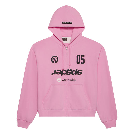 Pink cotton fleece zip hoodie with embroidered patches, graphic print, drawstring hood, and welt pockets.