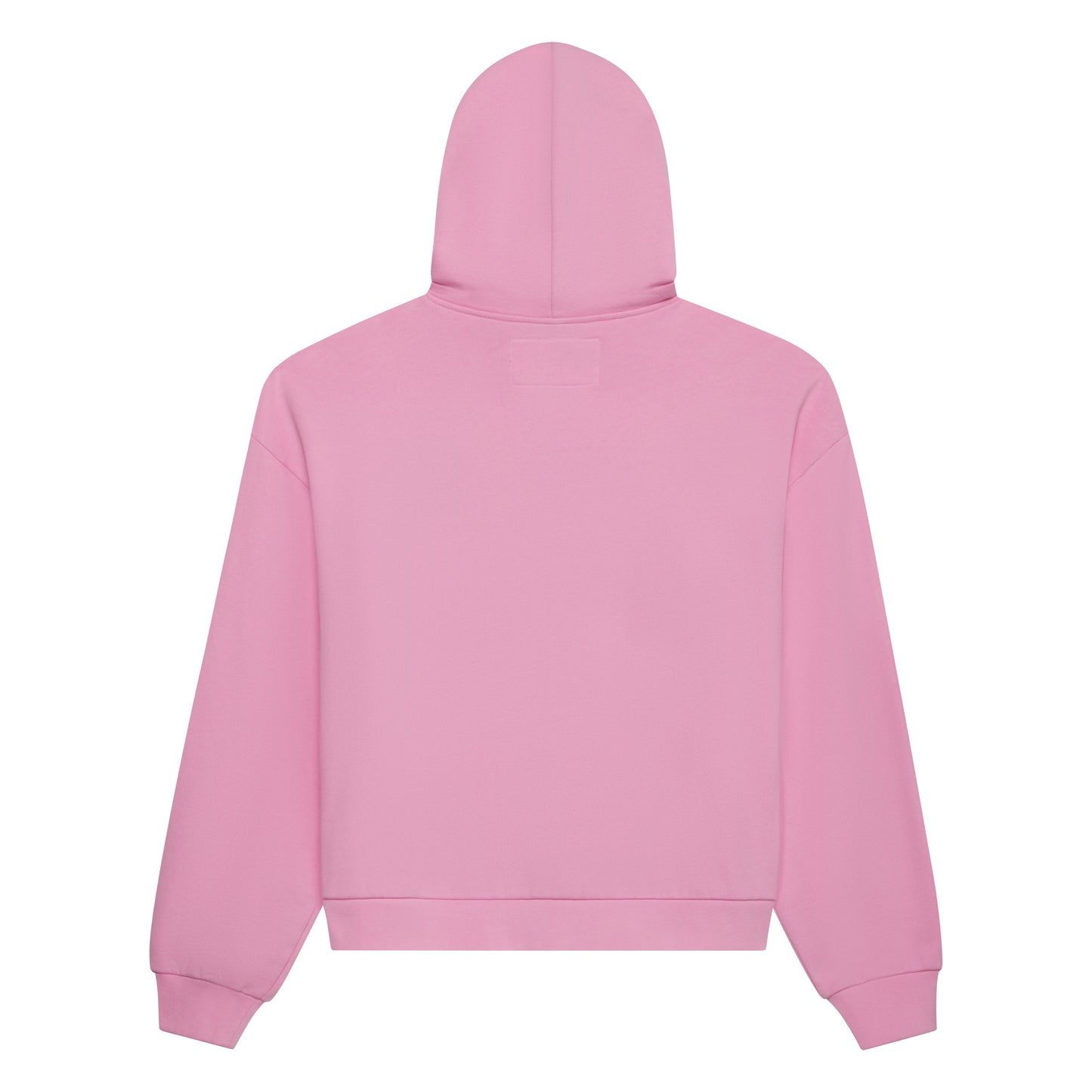 Back of a pink 13oz cotton fleece zip hoodie with a plain design.