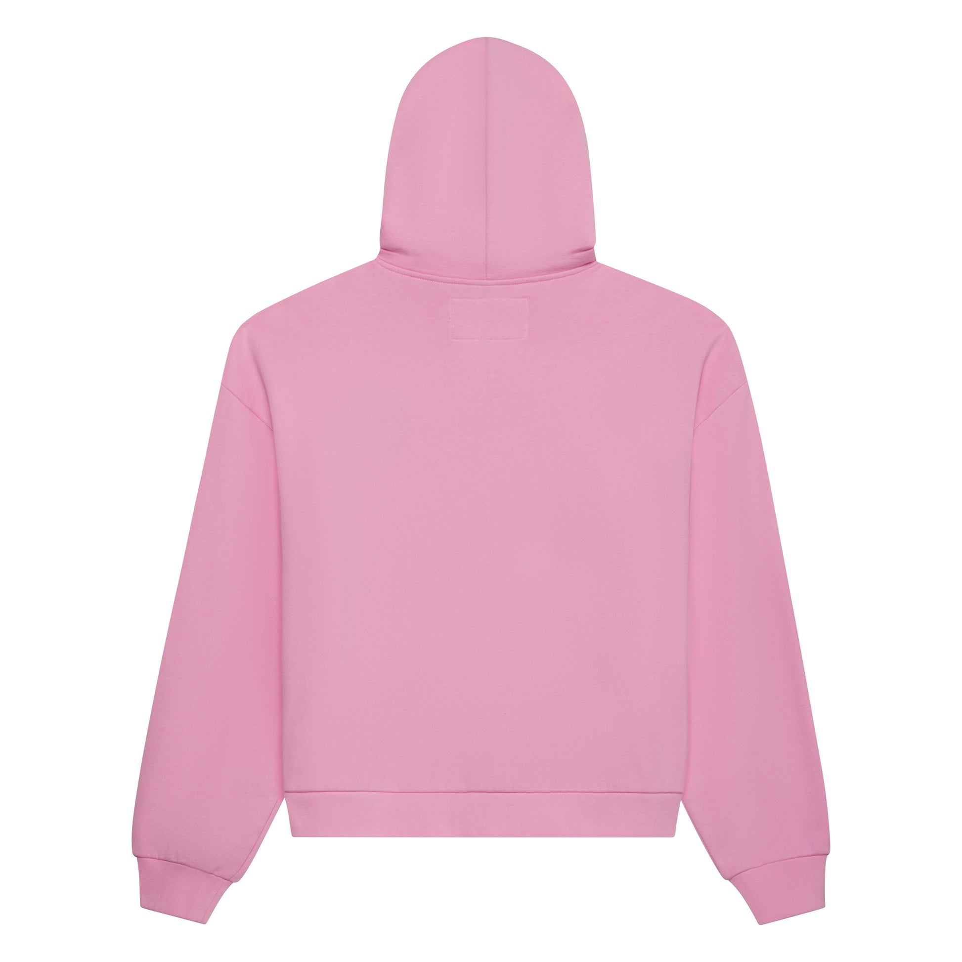 Back of a pink 13oz cotton fleece zip hoodie with a plain design.