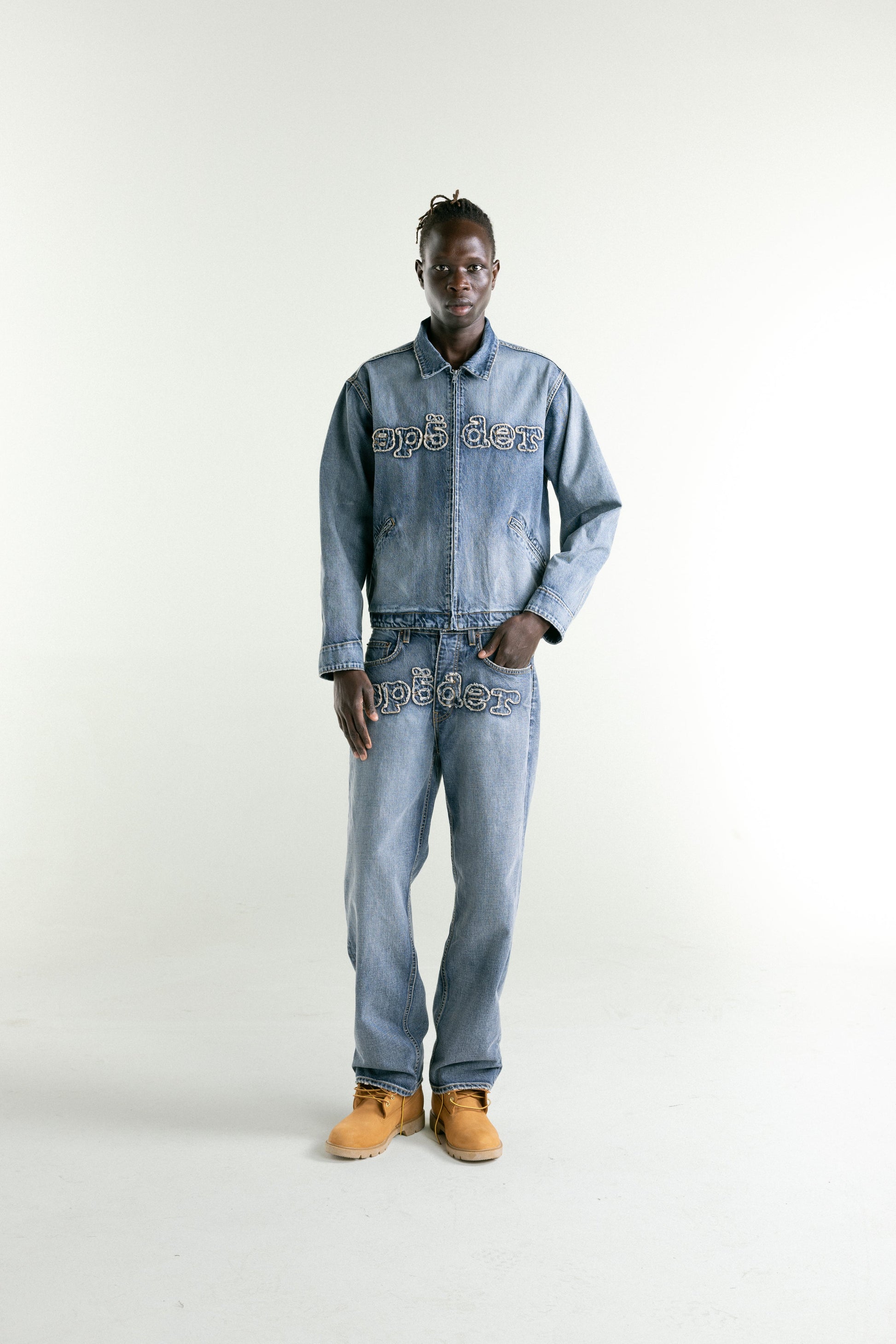 LIGHT BLUE WASH DENIM WORK JACKET ON MODEL